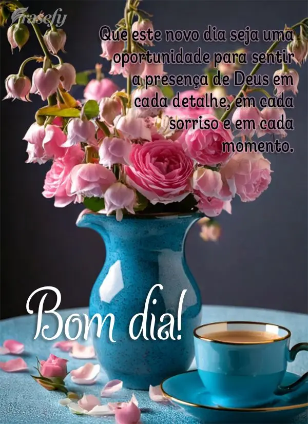 Que este novo dia seja uma oportunidade para sentir a presença de Deus em cada detalhe, em cada sorriso e em cada momento. Bom dia!