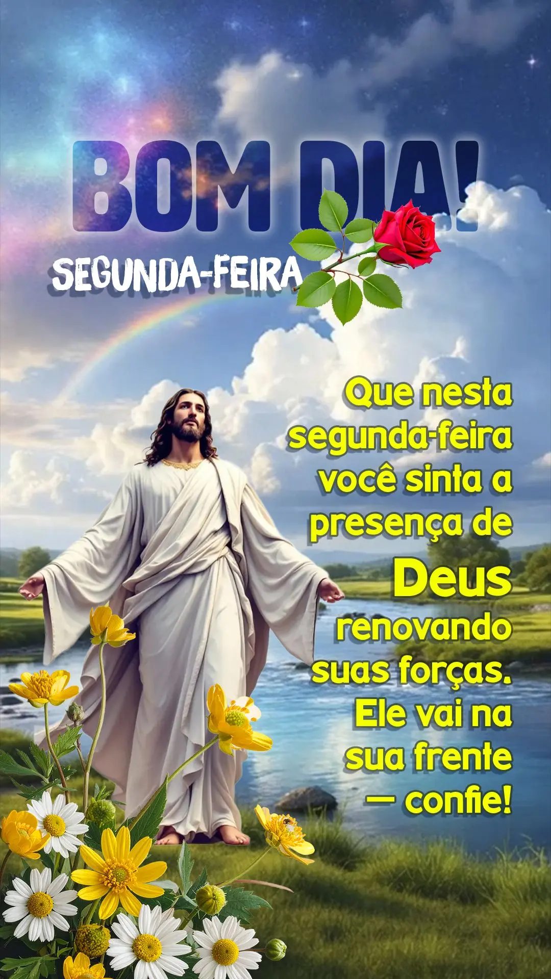 Bom dia! Que nesta segunda-feira você sinta a presença de Deus renovando suas forças. Ele vai na sua frente — confie! 🙏✨

---