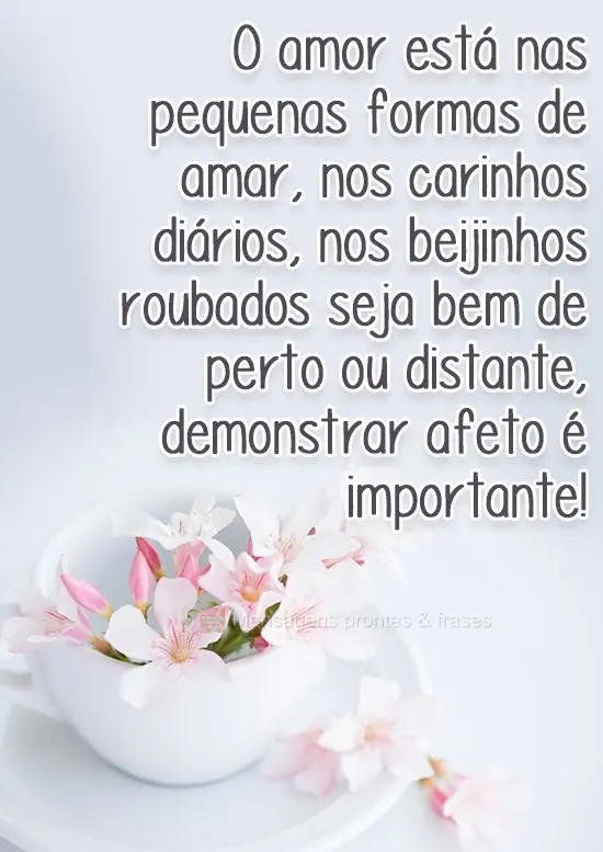 O amor está nas pequenas formas de amar, nos carinhos diários, nos beijinhos roubados; seja bem de perto ou distante, demonstrar afeto é importante!
...