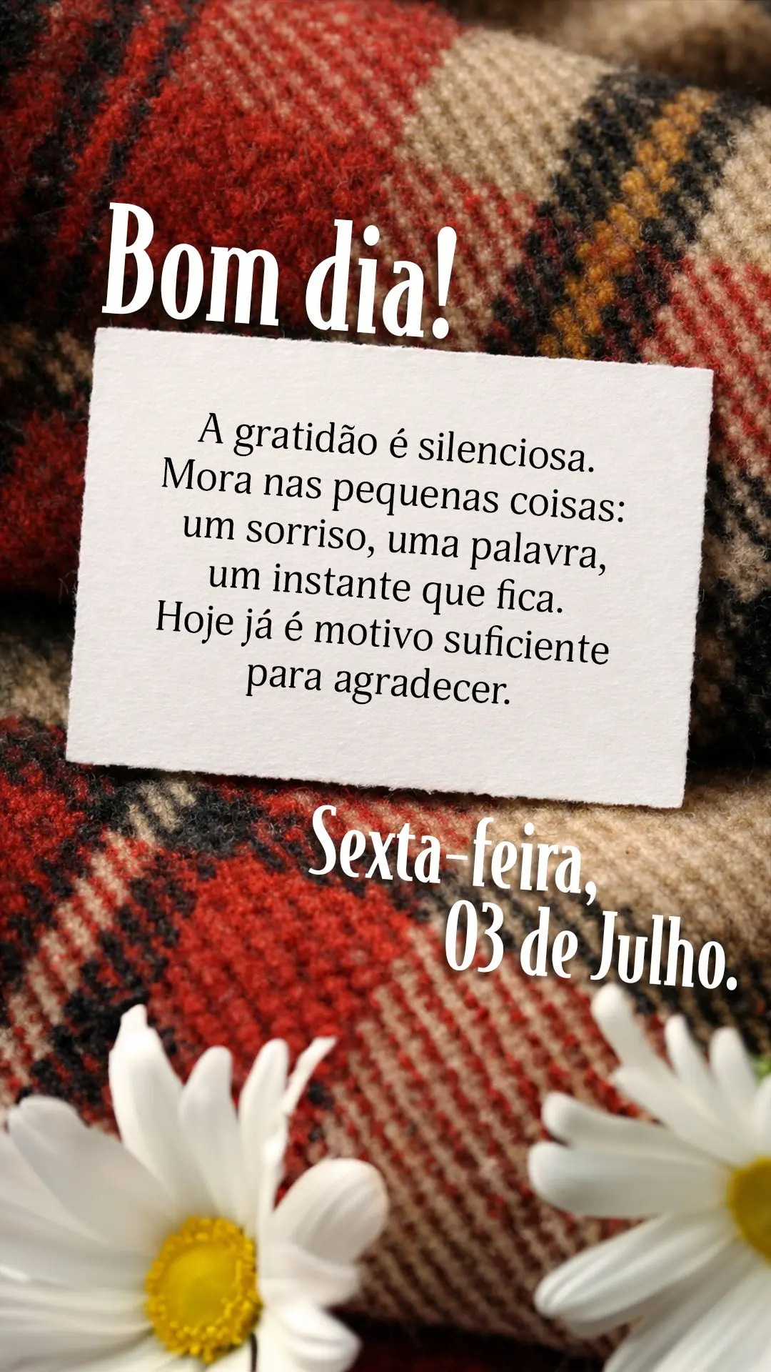 A gratidão é silenciosa. Mora nas pequenas coisas: um sorriso, uma palavra, um instante que fica. Hoje já é motivo suficiente para agradecer.