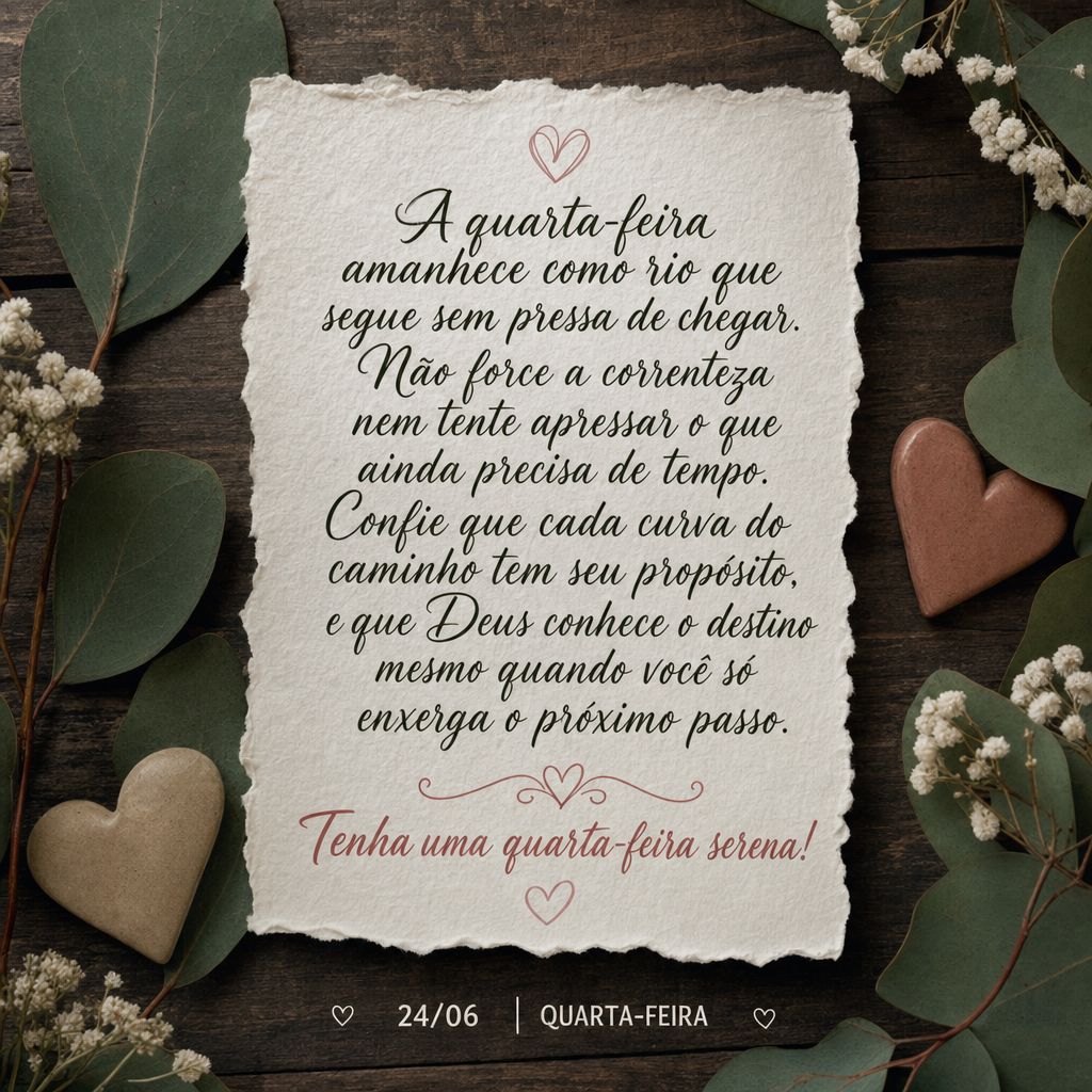 A quarta-feira amanhece como rio que segue sem pressa de chegar. Não force a correnteza nem tente apressar o que ainda precisa de tempo. Confie que cada...