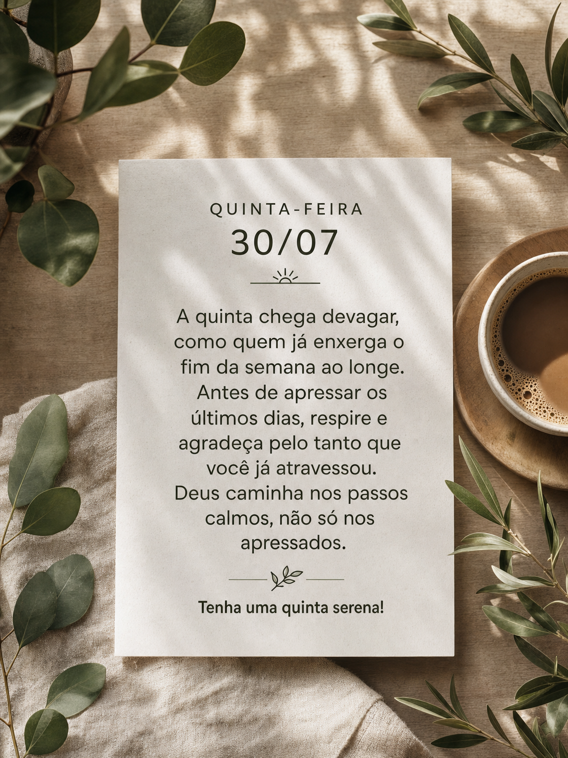 A quinta chega devagar, como quem já enxerga o fim da semana ao longe. Antes de apressar os últimos dias, respire e agradeça pelo tanto que você já ...