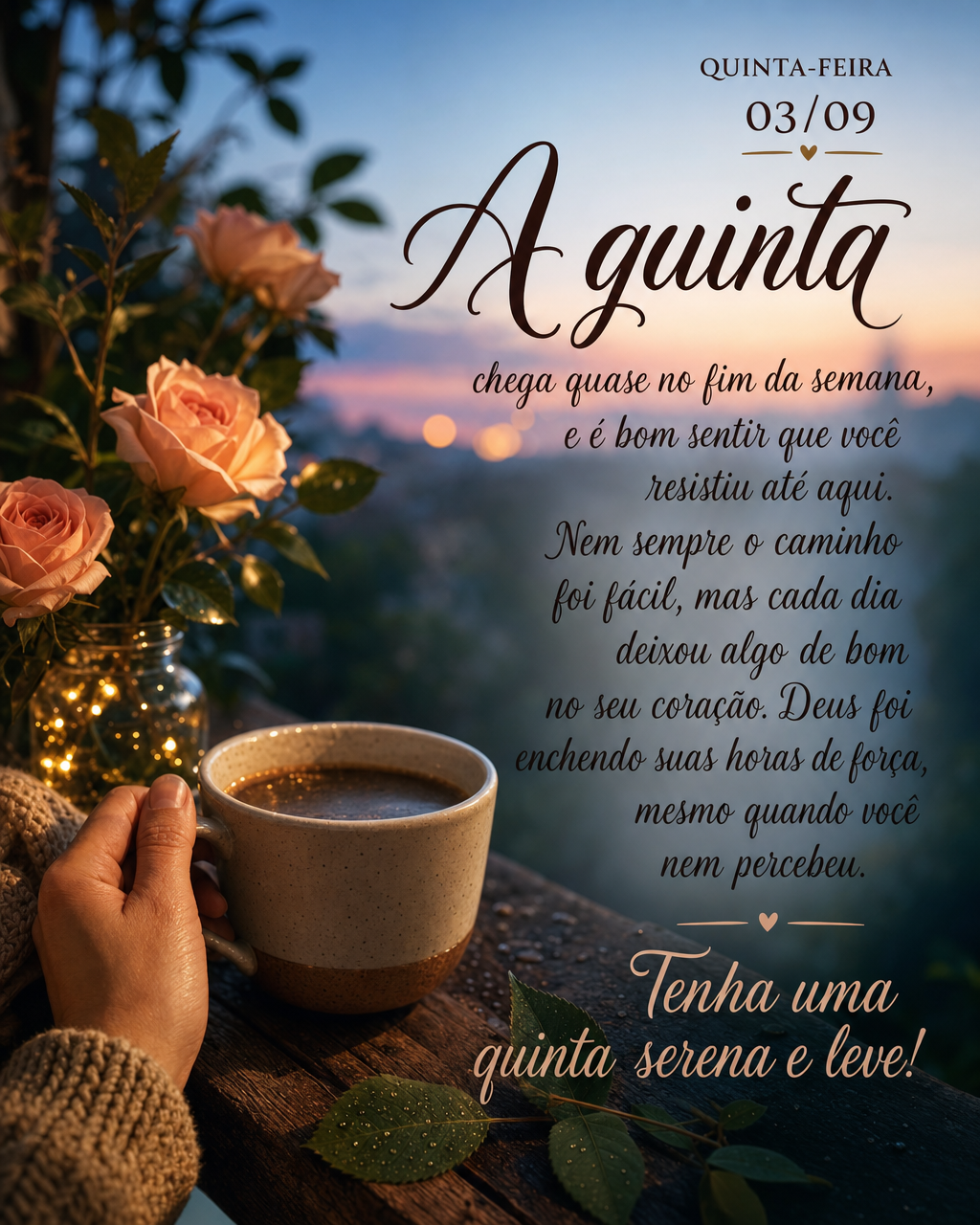 A quinta chega quase no fim da semana, e é bom sentir que você resistiu até aqui. Nem sempre o caminho foi fácil, mas cada dia deixou algo de bom no ...
