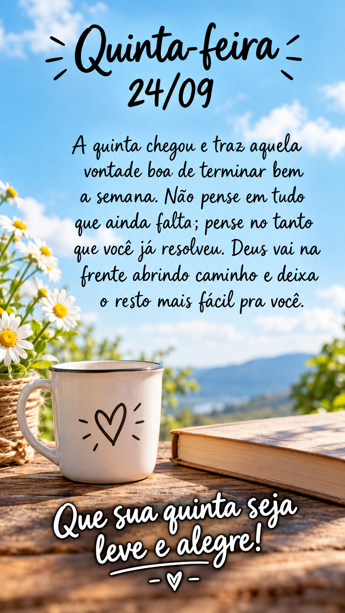 A quinta chegou e traz aquela vontade boa de terminar bem a semana. Não pense em tudo que ainda falta; pense no tanto que você já resolveu. Deus vai n...