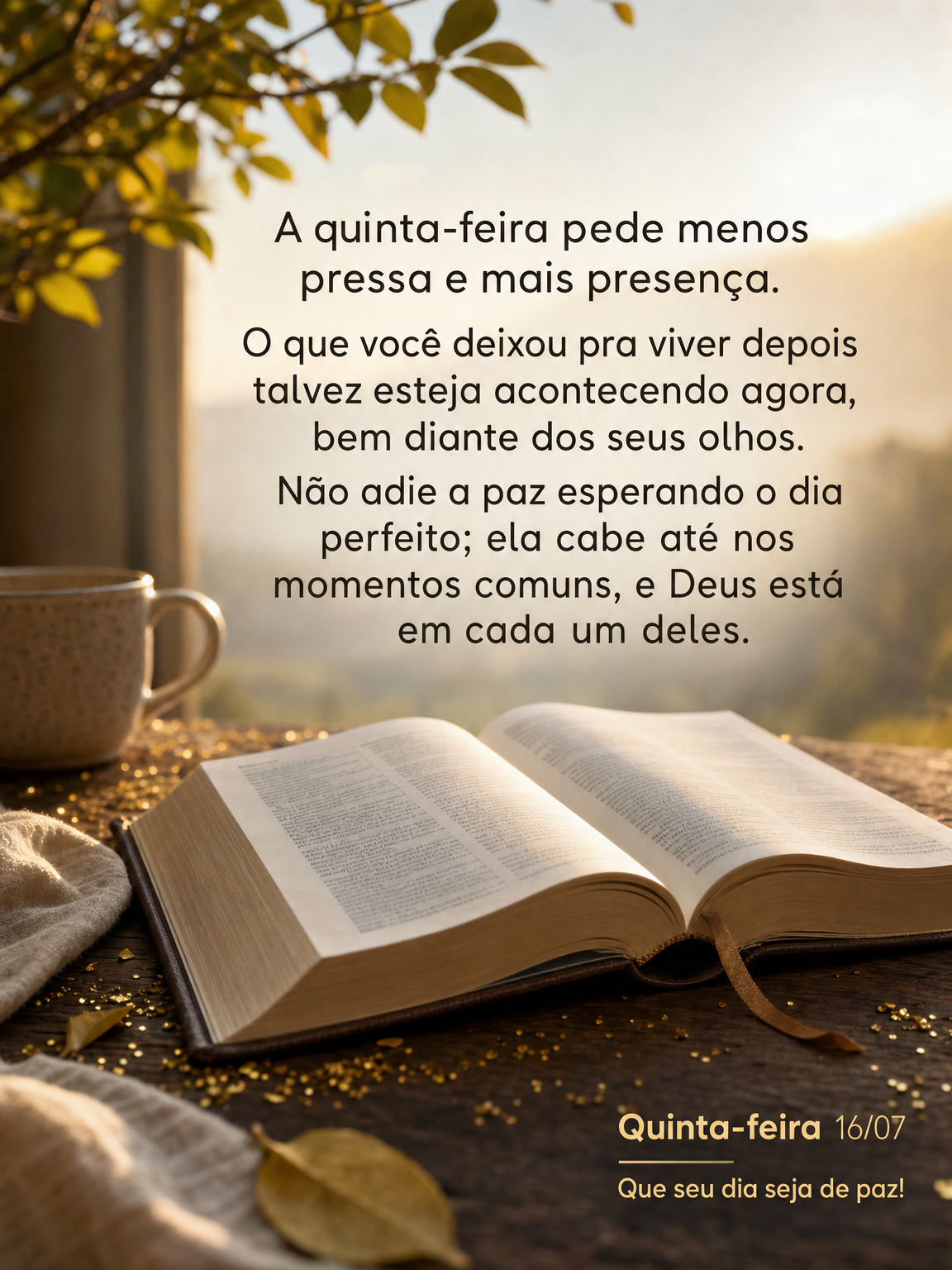 A quinta-feira pede menos pressa e mais presença. O que você deixou pra viver depois talvez esteja acontecendo agora, bem diante dos seus olhos. Não a...