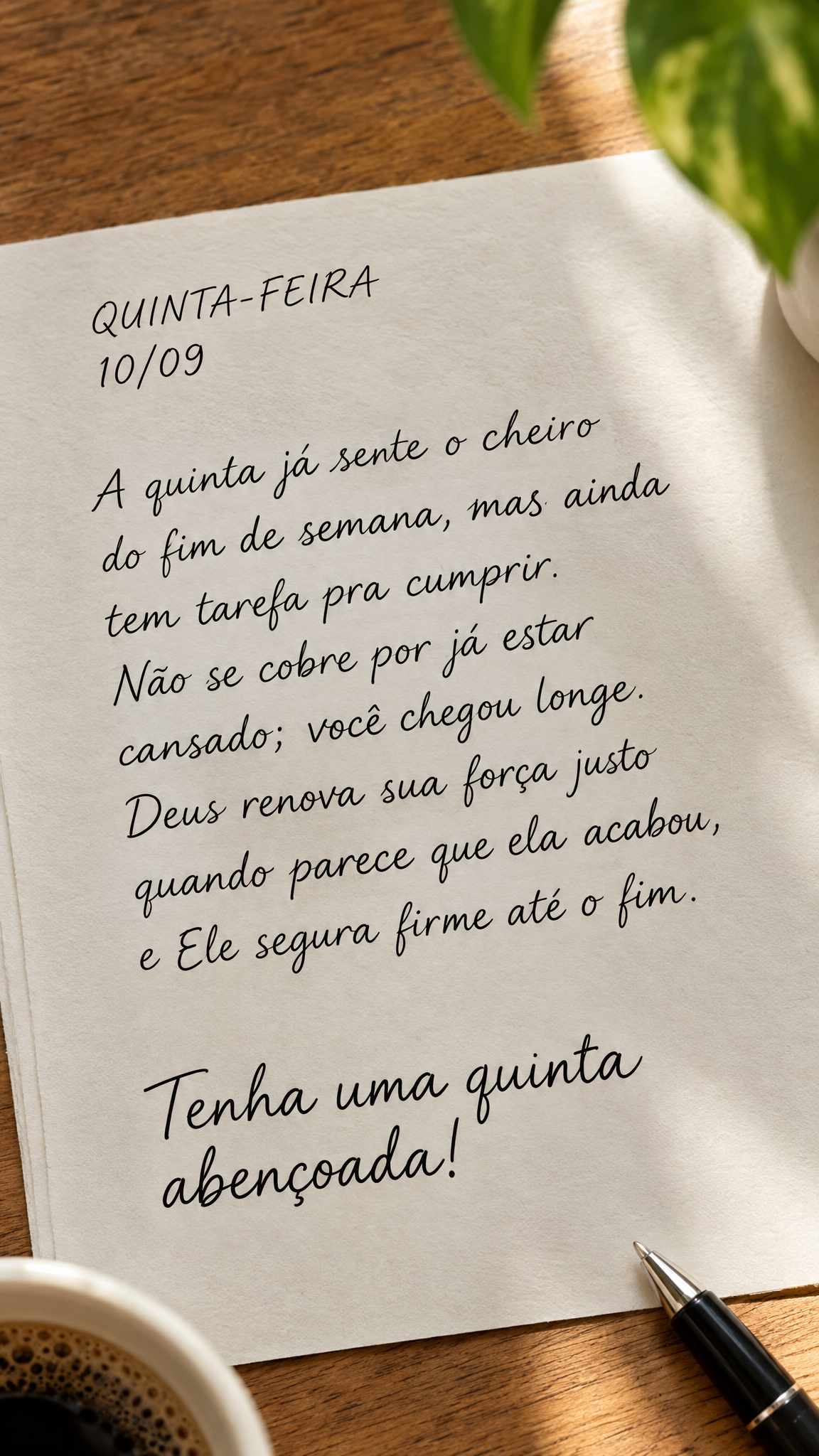 A quinta já sente o cheiro do fim de semana, mas ainda tem tarefa pra cumprir. Não se cobre por já estar cansado; você chegou longe. Deus renova sua ...