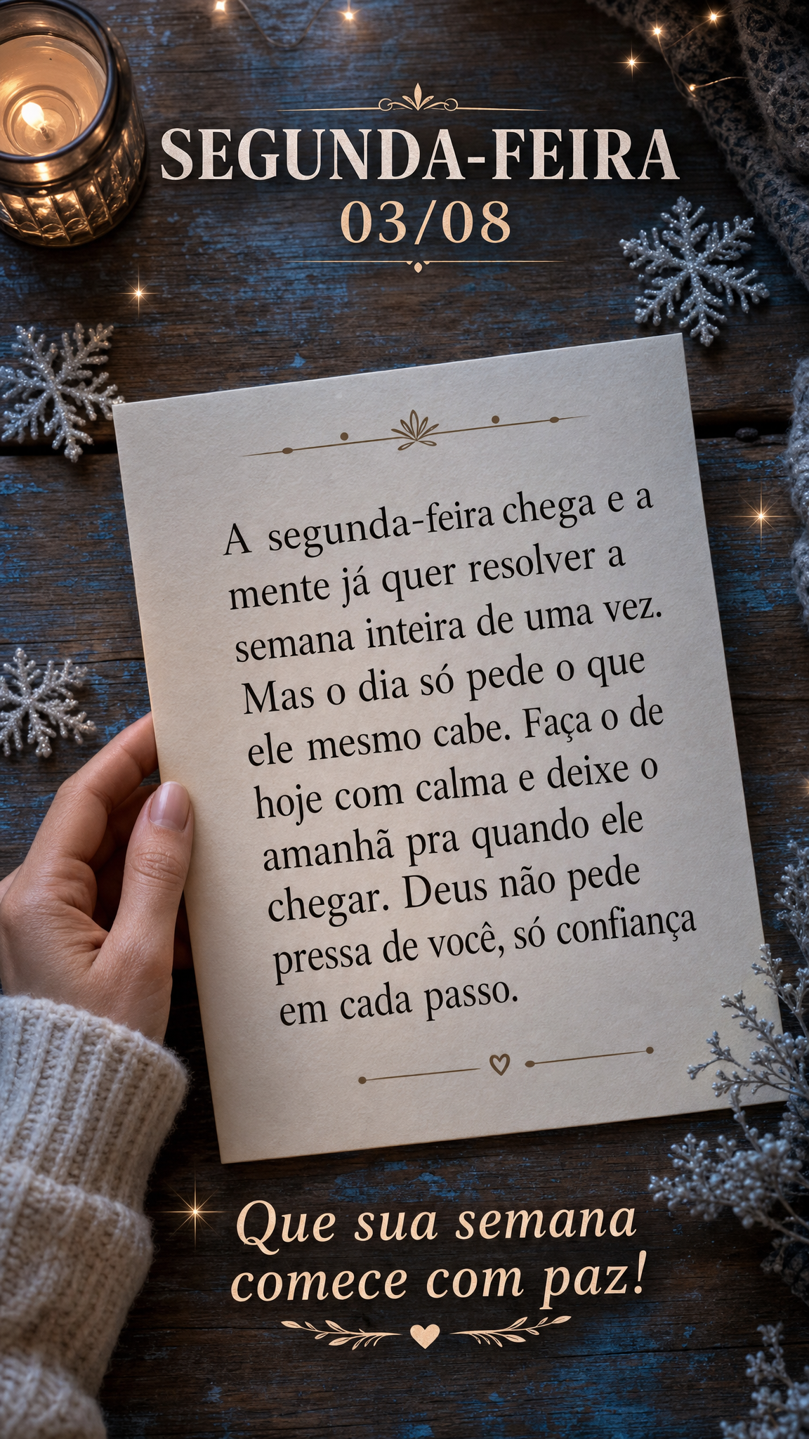 A segunda-feira chega e a mente já quer resolver a semana inteira de uma vez. Mas o dia só pede o que ele mesmo cabe. Faça o de hoje com calma e deixe...