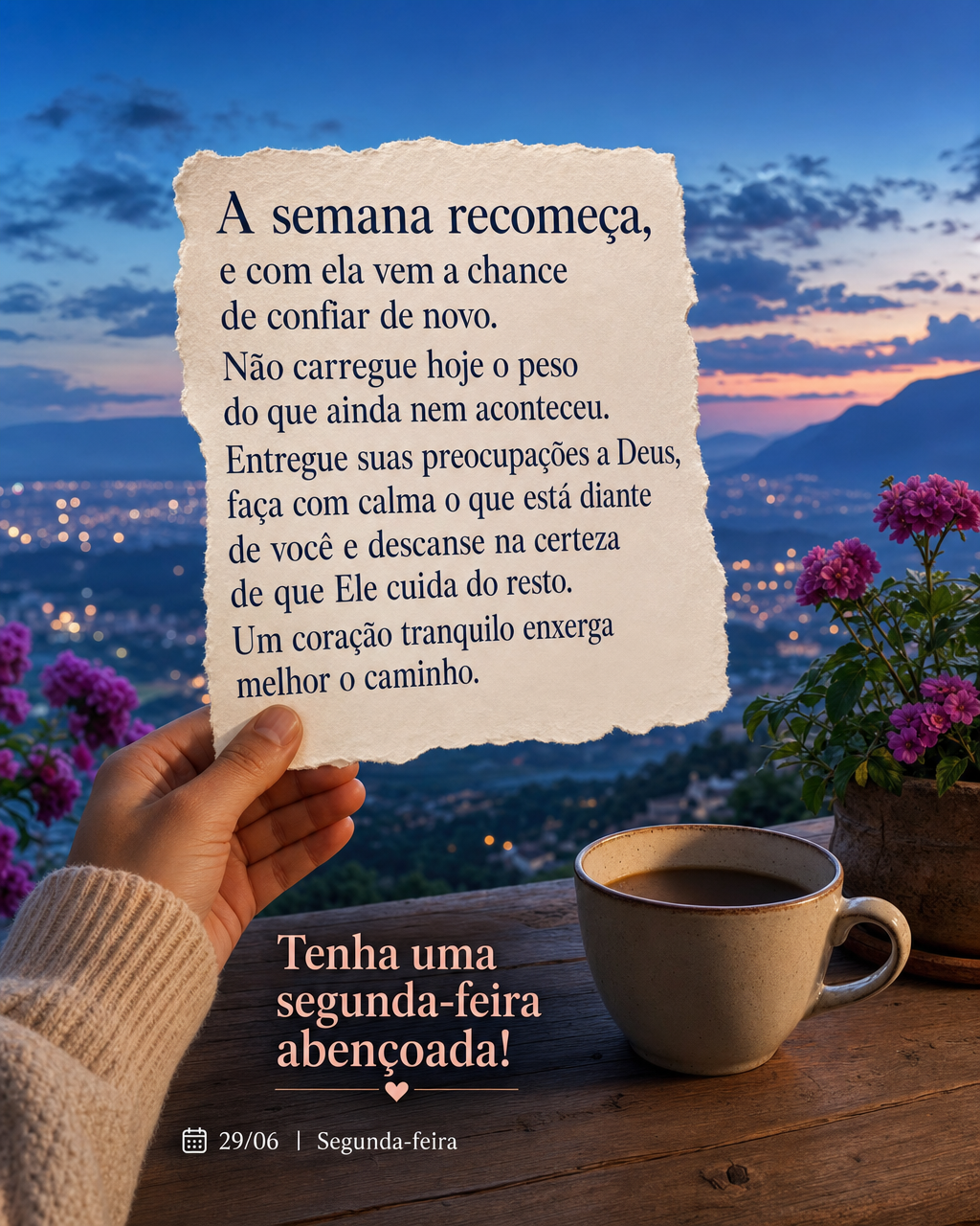 A semana recomeça, e com ela vem a chance de confiar de novo. Não carregue hoje o peso do que ainda nem aconteceu. Entregue suas preocupações a Deus,...