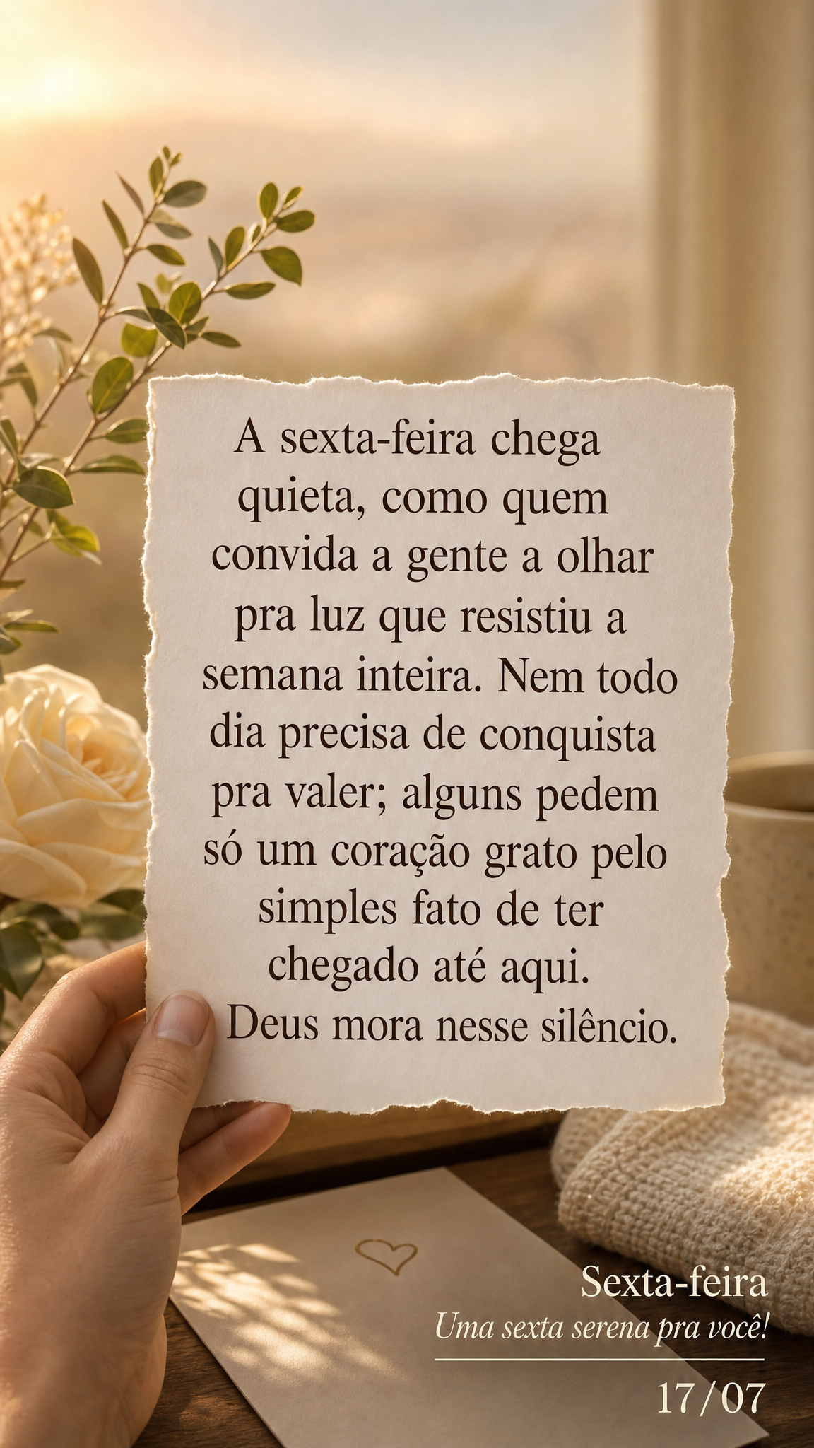 A sexta-feira chega quieta, como quem convida a gente a olhar pra luz que resistiu a semana inteira. Nem todo dia precisa de conquista pra valer; alguns ...