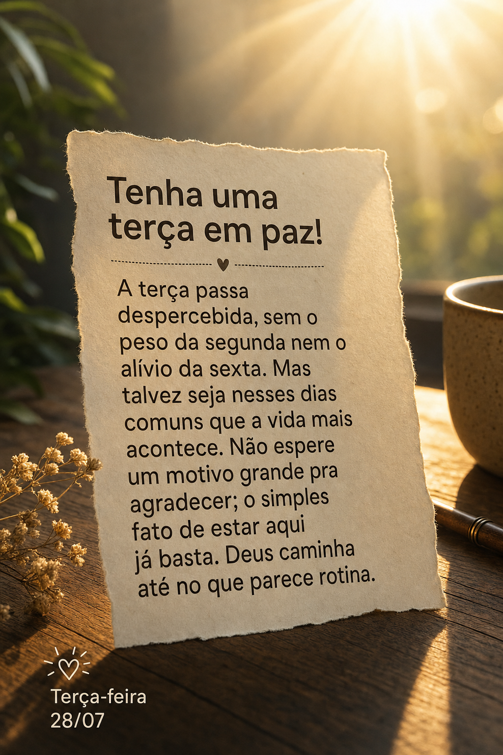 A terça passa despercebida, sem o peso da segunda nem o alívio da sexta. Mas talvez seja nesses dias comuns que a vida mais acontece. Não espere um mo...