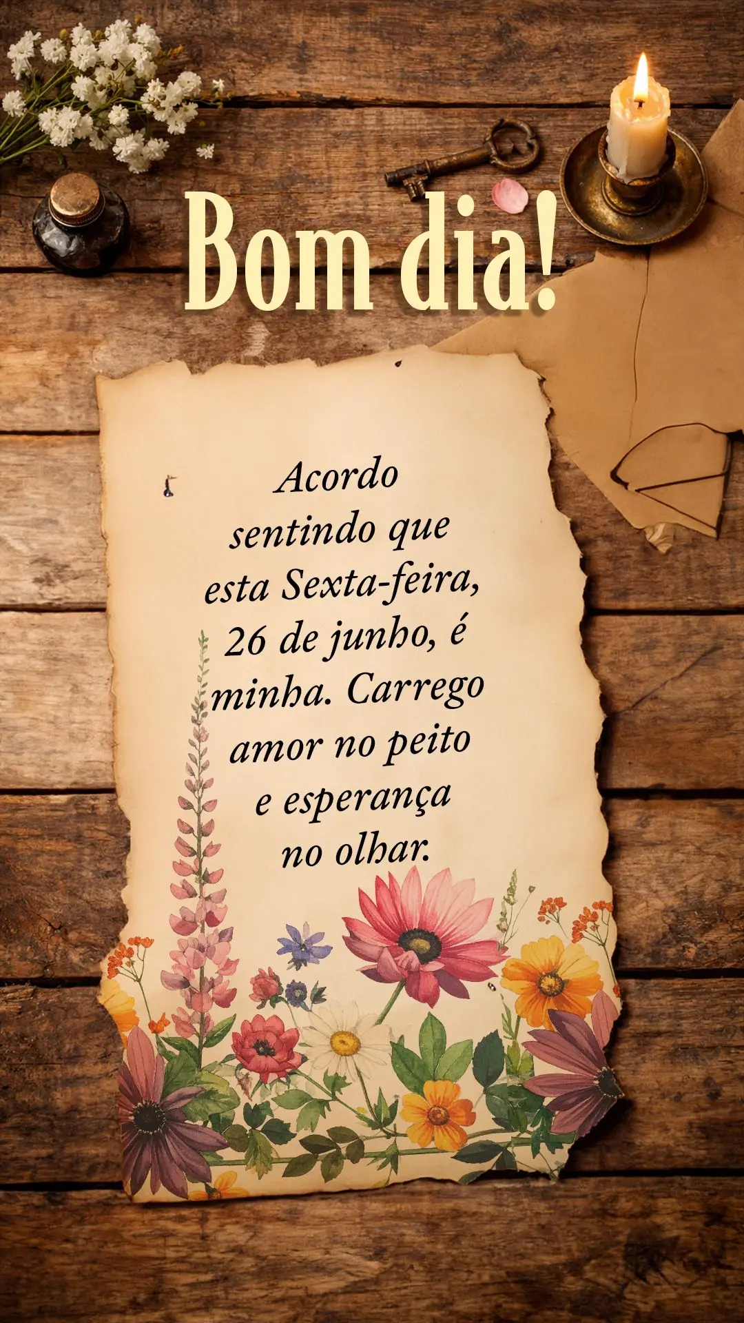 Acordo sentindo que esta sexta-feira, 26 de junho, é minha. Carrego amor no peito e esperança no olhar. Bom dia, vida querida.