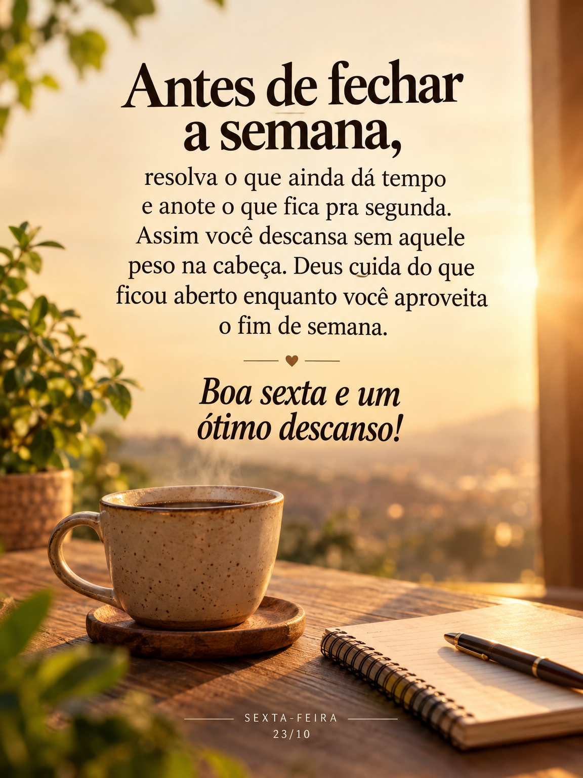 Antes de fechar a semana, resolva o que ainda dá tempo e anote o que fica pra segunda. Assim você descansa sem aquele peso na cabeça. Deus cuida do qu...