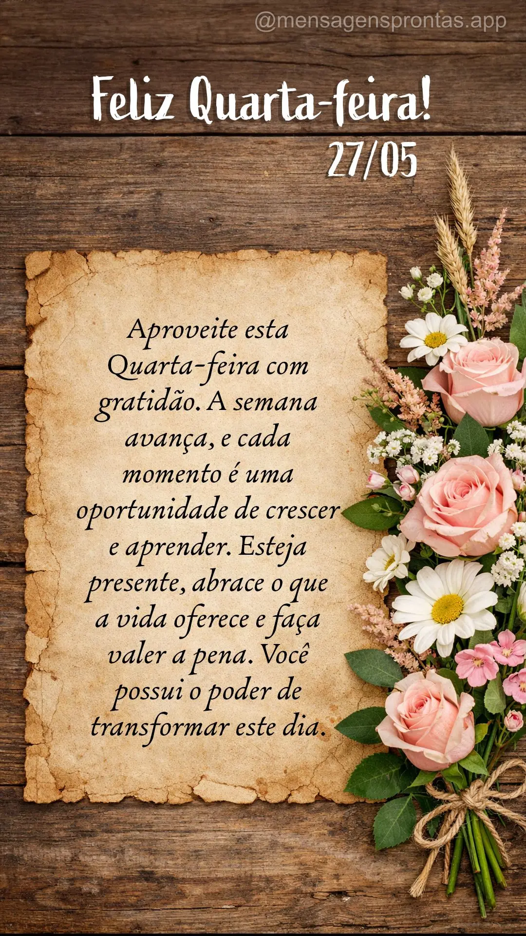 Aproveite esta quarta-feira com gratidão. A semana avança, e cada momento é uma oportunidade de crescer e aprender. Esteja presente, abrace o que a vi...