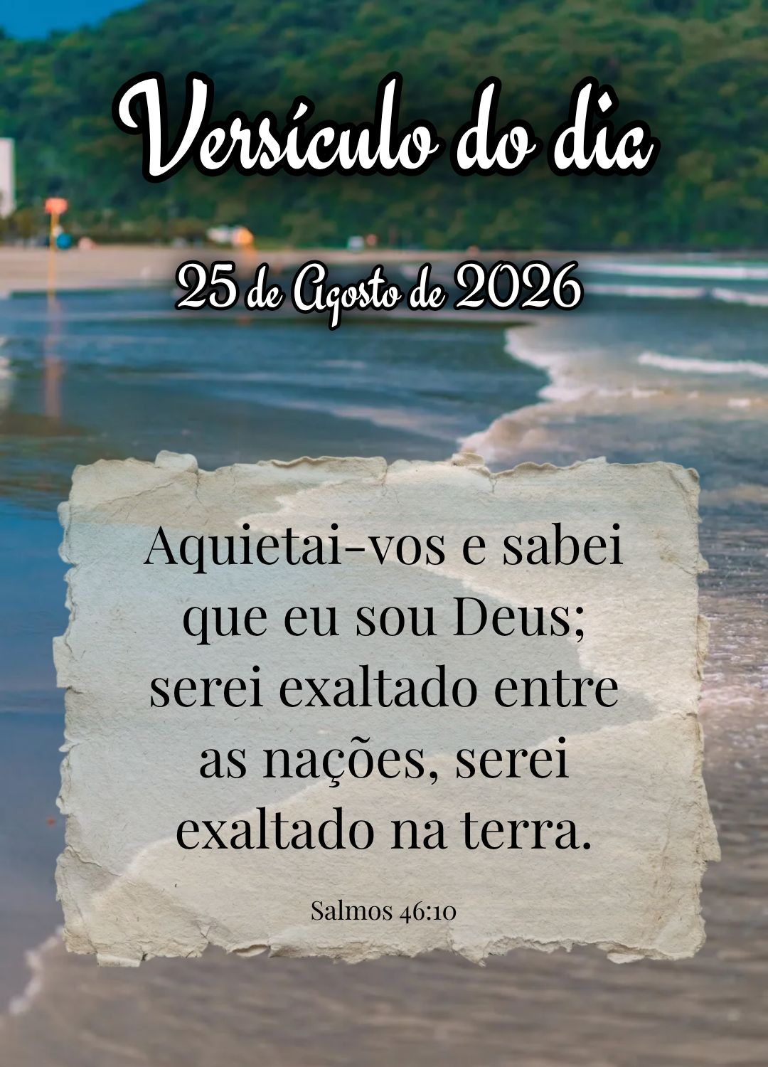 Aquietai-vos e sabei que eu sou Deus; serei exaltado entre as nações, serei exaltado na terra. Versículo do dia Salmos 46:10
