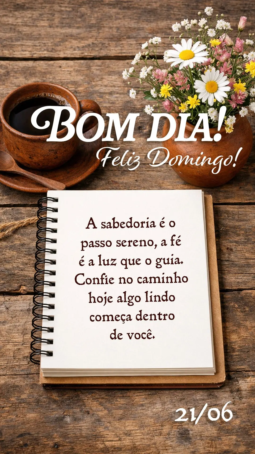 Bom dia e feliz domingo, 21 de junho! A sabedoria é o passo sereno, a fé é a luz que o guia. Confie no caminho — hoje algo lindo começa dentro de v...