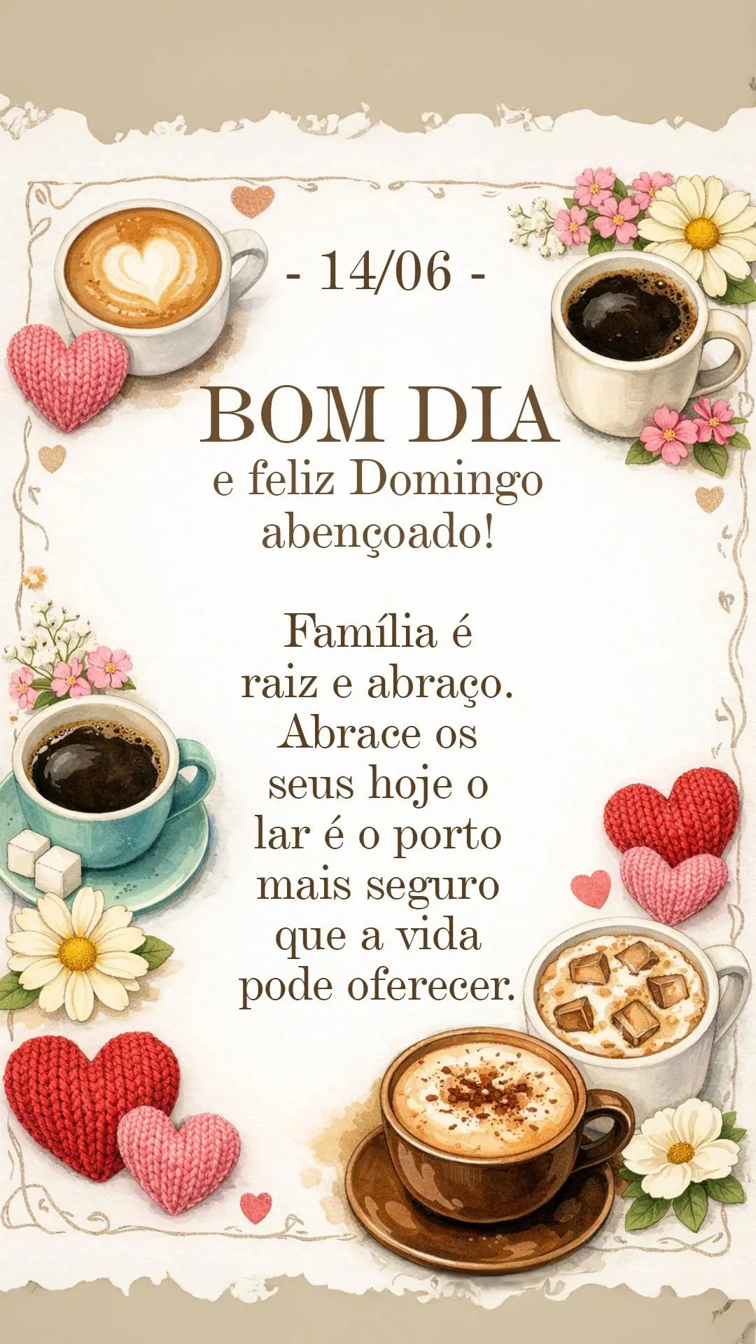Bom dia e feliz domingo abençoado! Família é raiz e abraço. Abrace os seus hoje — o lar é o porto mais seguro que a vida pode oferecer.
