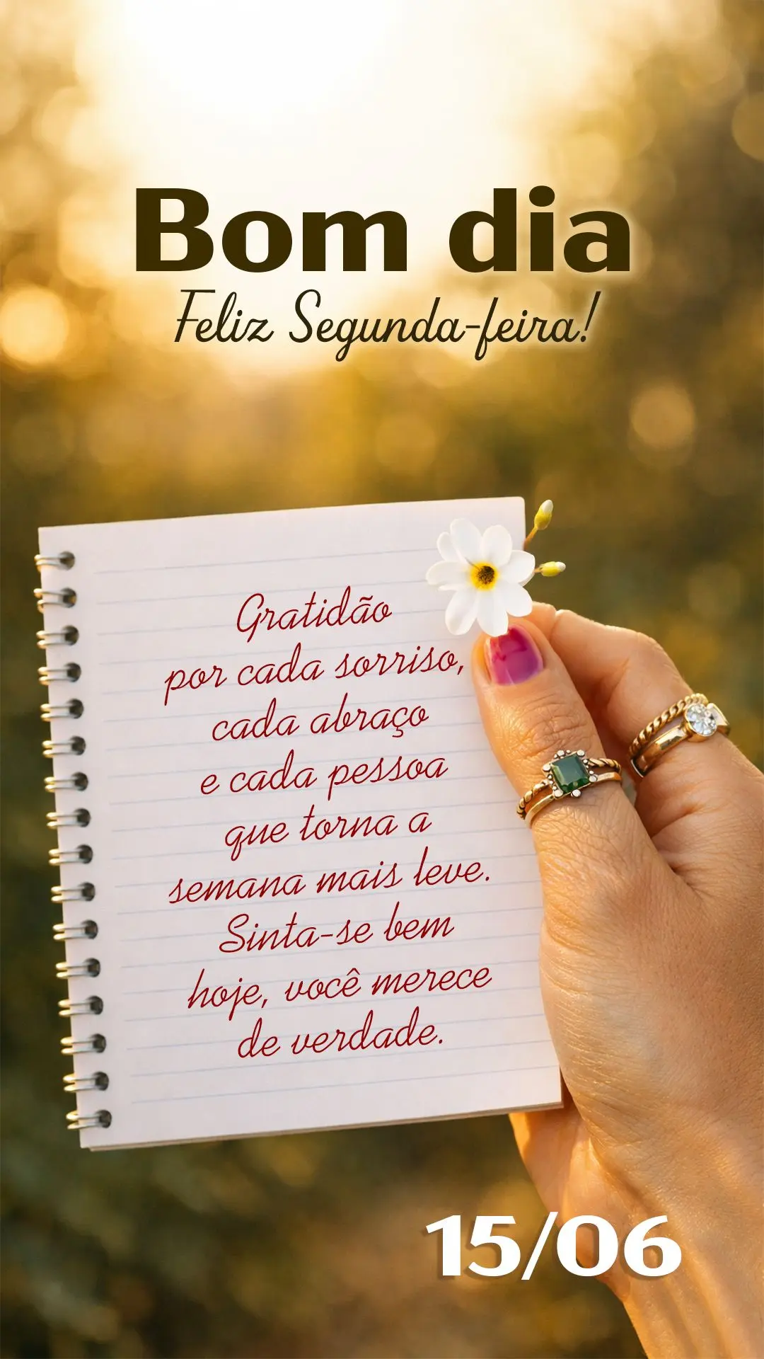 Bom dia e feliz segunda-feira! Gratidão por cada sorriso, cada abraço e cada pessoa que torna a semana mais leve. Sinta-se bem hoje, você merece de ve...