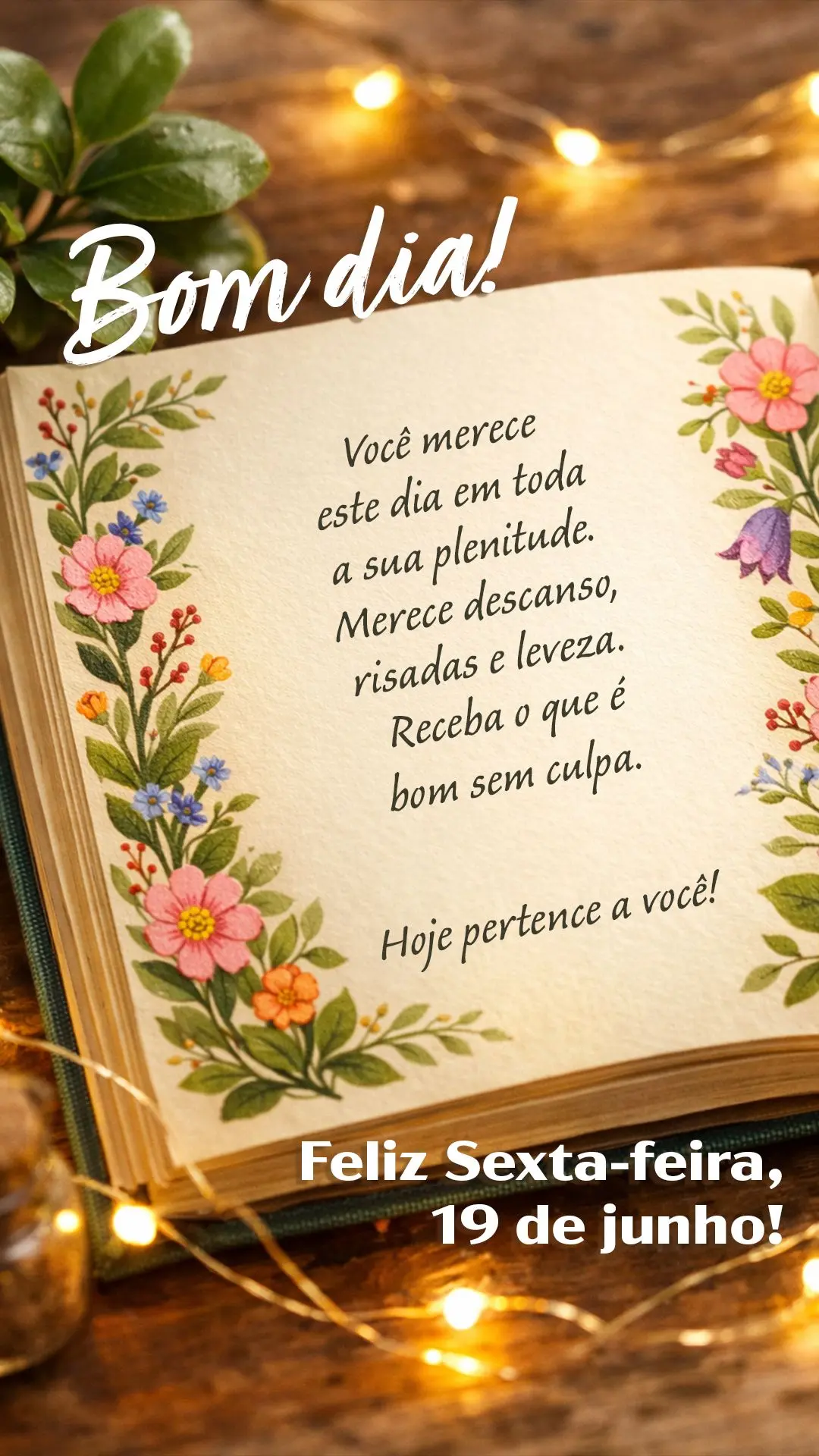 Bom dia e feliz sexta-feira, 19 de junho! Você merece este dia em toda a sua plenitude. Merece descanso, risadas e leveza. Receba o que é bom sem culpa...