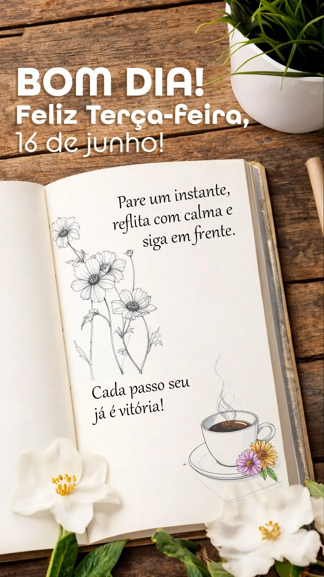 Bom dia e feliz terça-feira, 16 de junho! Pare um instante, reflita com calma e siga em frente. Cada passo seu já é vitória.