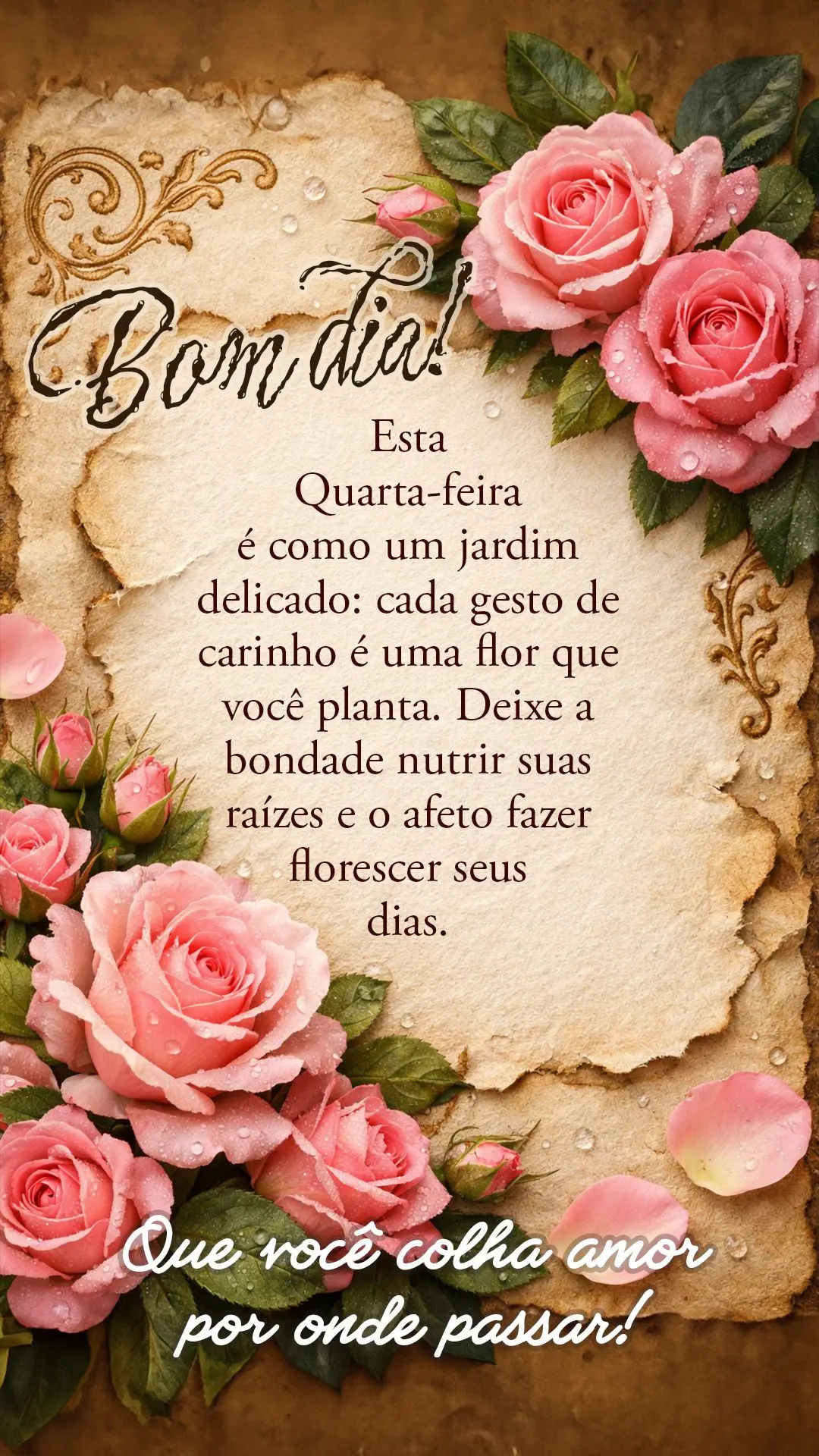 Bom dia! Esta quarta-feira é como um jardim delicado: cada gesto de carinho é uma flor que você planta. Deixe a bondade nutrir suas raízes e o afeto ...