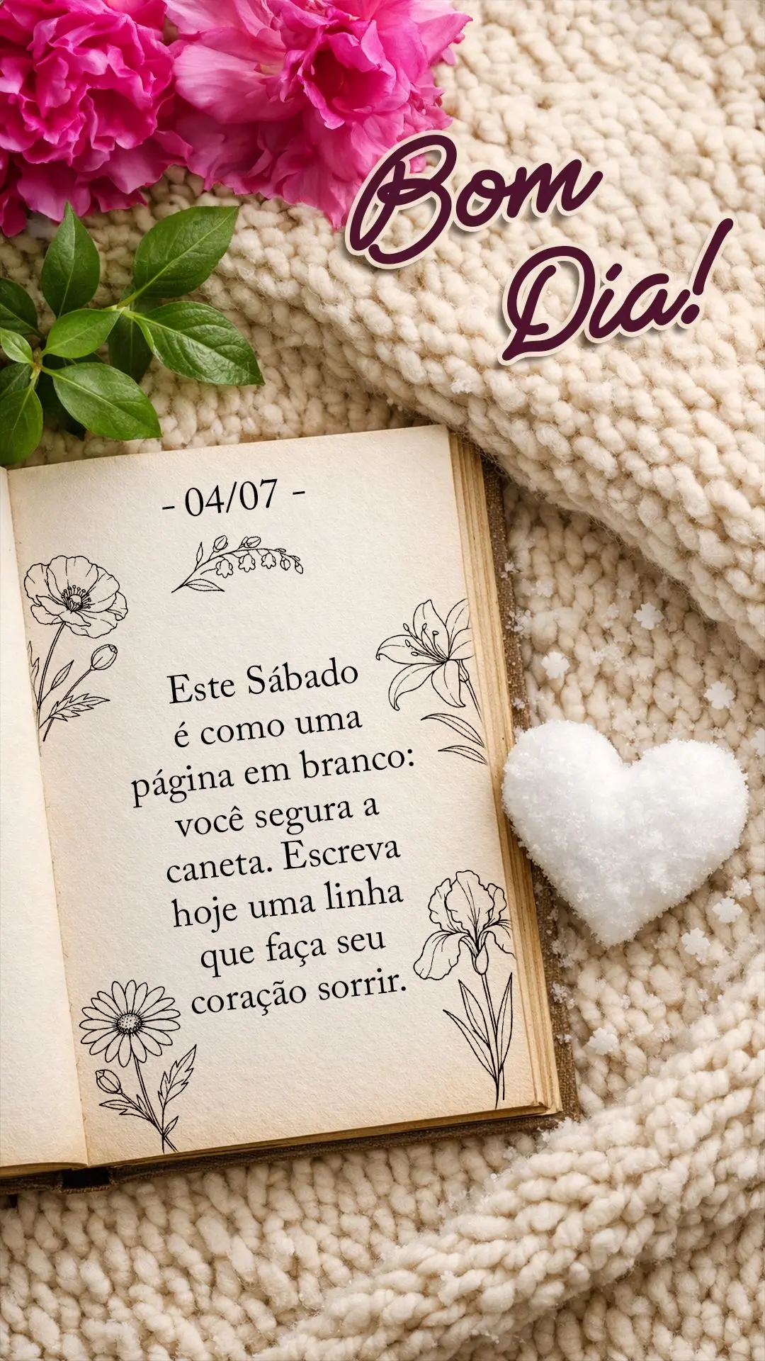 Bom dia! Este sábado é como uma página em branco: você segura a caneta. Escreva hoje uma linha que faça seu coração sorrir.