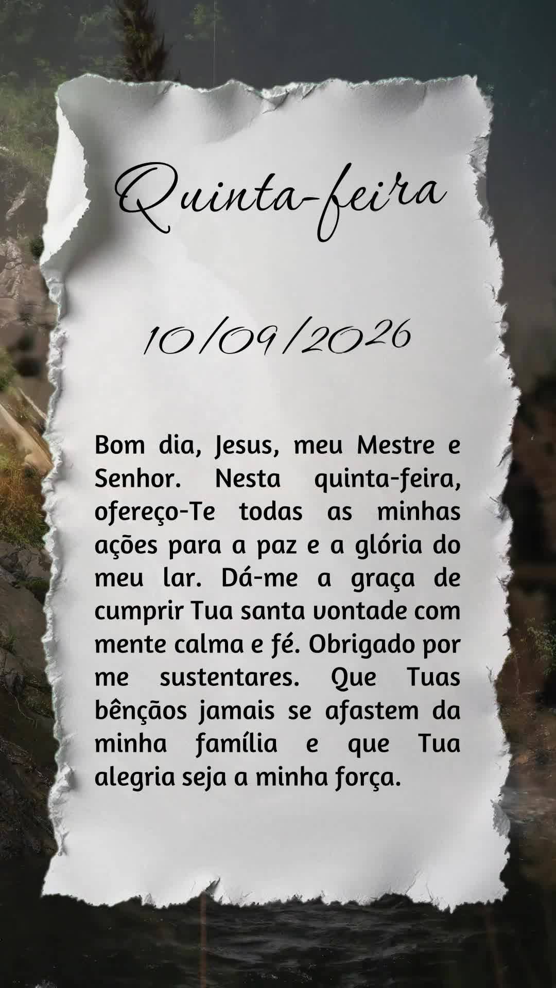Bom dia, Jesus, meu Mestre e Senhor. Nesta quinta-feira, ofereço-Te todas as minhas ações para a paz e a glória do meu lar. Dá-me a graça de cumpri...