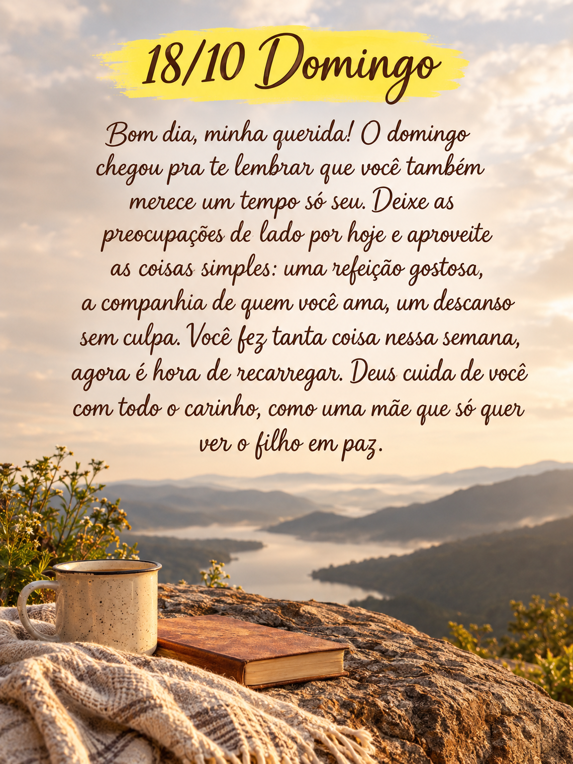 Bom dia, minha querida! O domingo chegou pra te lembrar que você também merece um tempo só seu. Deixe as preocupações de lado por hoje e aproveite a...