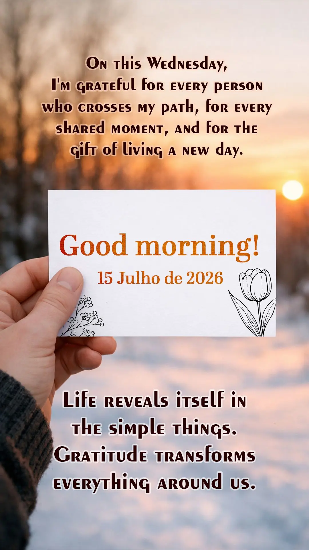 Bom dia! Nesta quarta-feira, agradeço por cada pessoa que cruza meu caminho, por cada momento compartilhado e pelo presente de viver um novo dia. A vida...