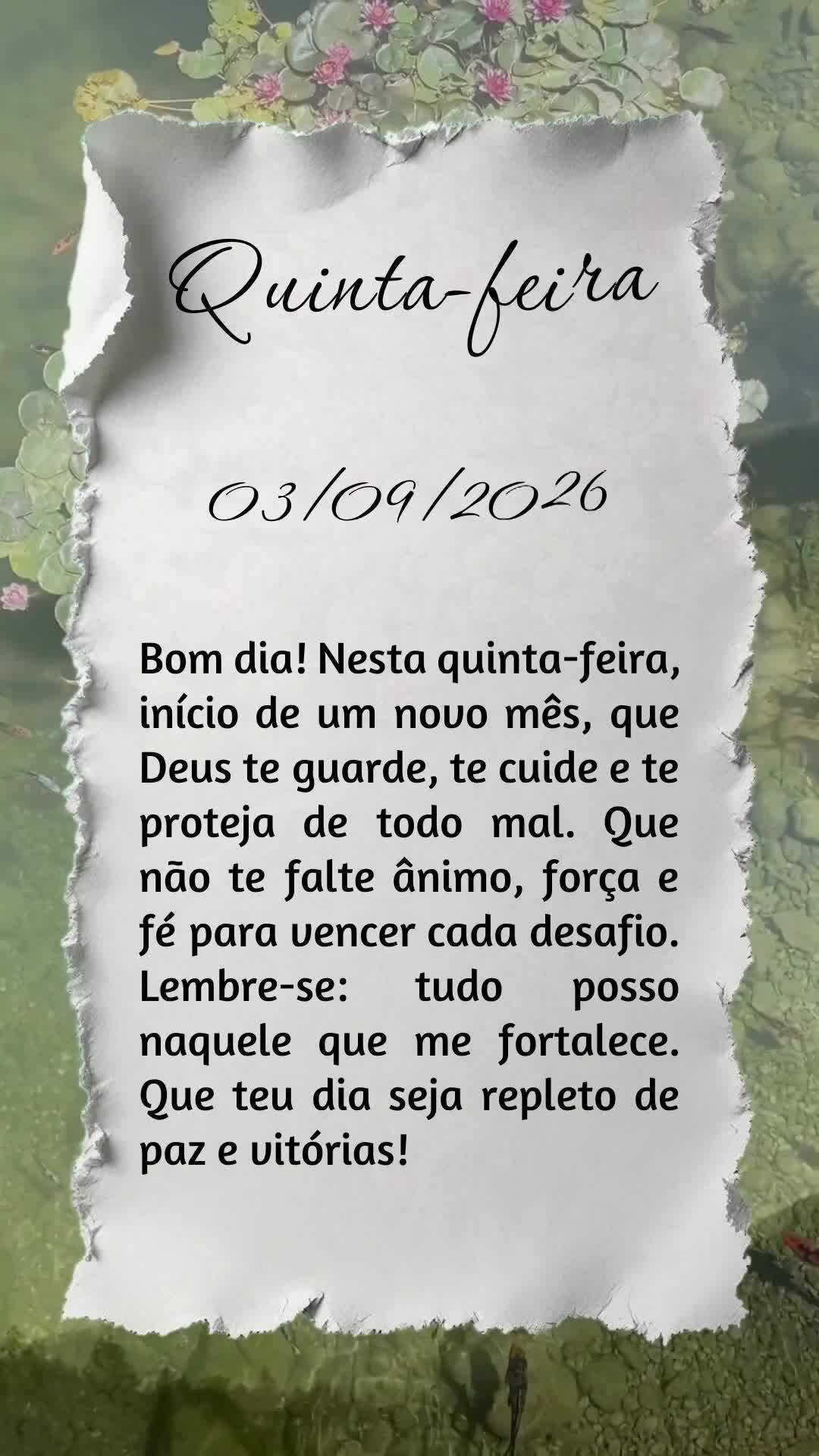 Bom dia! Nesta quinta-feira, início de um novo mês, que Deus te guarde, te cuide e te proteja de todo mal. Que não te falte ânimo, força e fé para ...