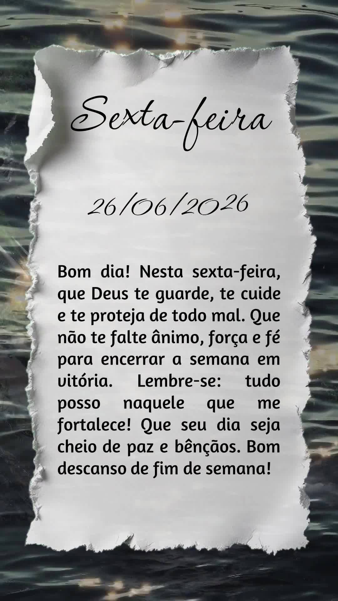 Bom dia! Nesta sexta-feira, que Deus te guarde, te cuide e te proteja de todo mal. Que não te falte ânimo, força e fé para encerrar a semana em vitó...
