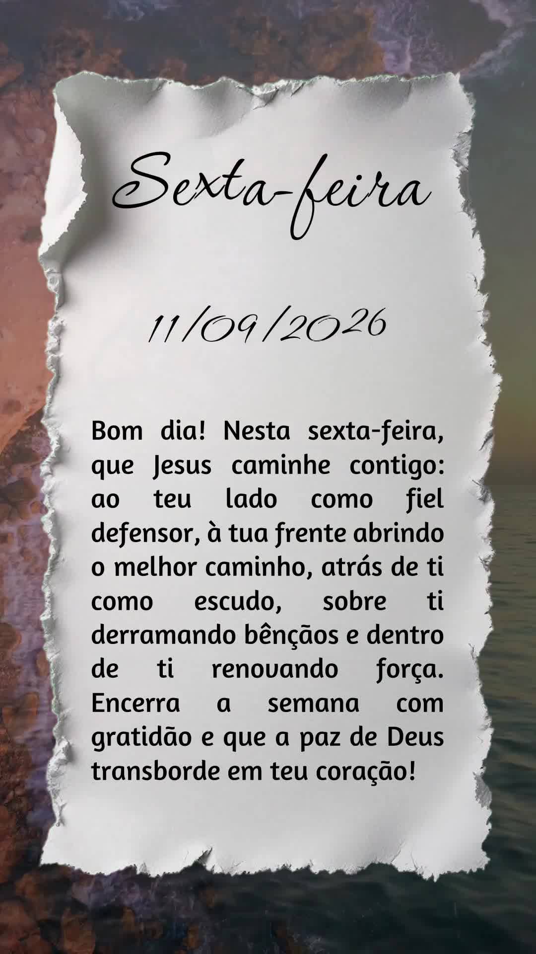 Bom dia! Nesta sexta-feira, que Jesus caminhe contigo: ao teu lado como fiel defensor, à tua frente abrindo o melhor caminho, atrás de ti como escudo, ...