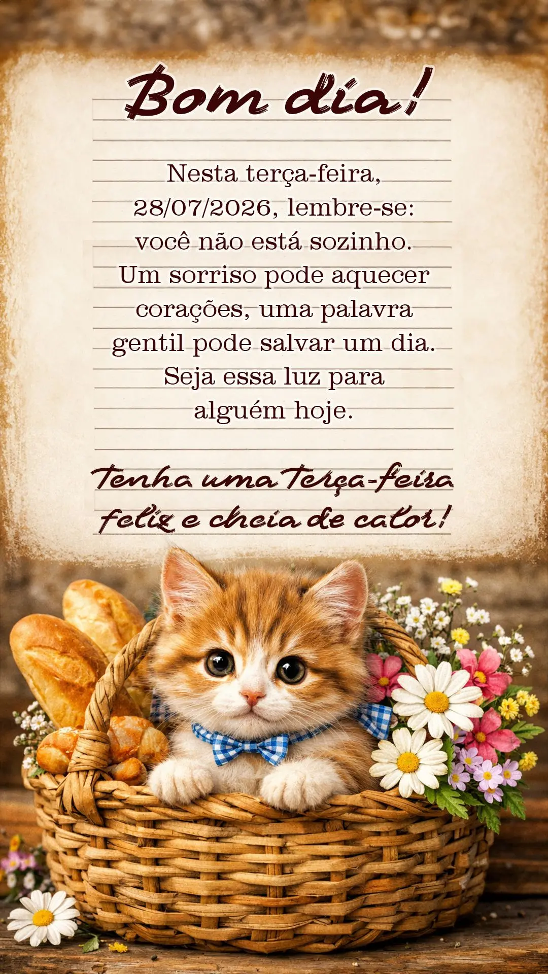 Bom dia! Nesta terça-feira, 28/07/2026, lembre-se: você não está sozinho. Um sorriso pode aquecer corações, uma palavra gentil pode salvar um dia. ...