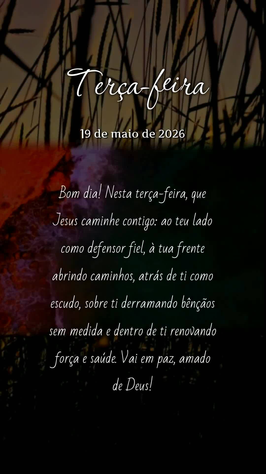 Bom dia! Nesta terça-feira, que Jesus caminhe contigo: ao teu lado como defensor fiel, à tua frente abrindo caminhos, atrás de ti como escudo, sobre t...