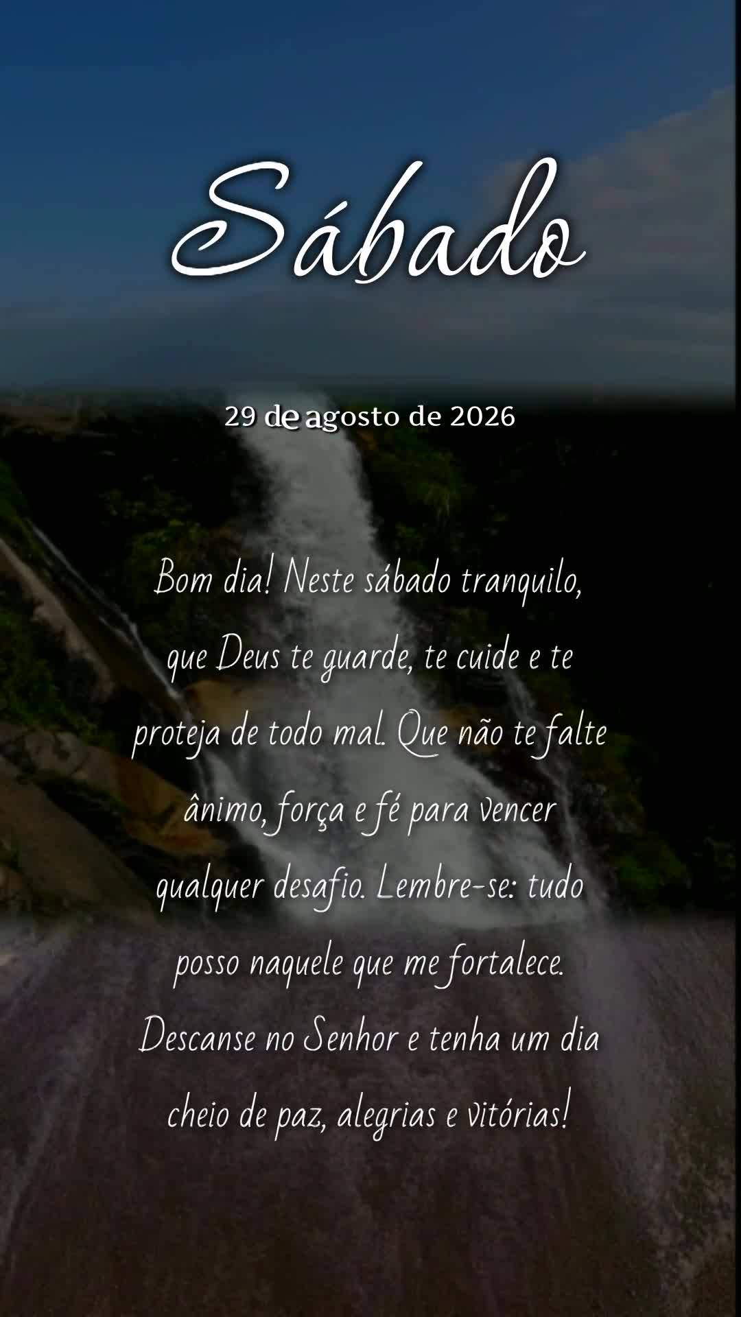 Bom dia! Neste sábado tranquilo, que Deus te guarde, te cuide e te proteja de todo mal. Que não te falte ânimo, força e fé para vencer qualquer desa...