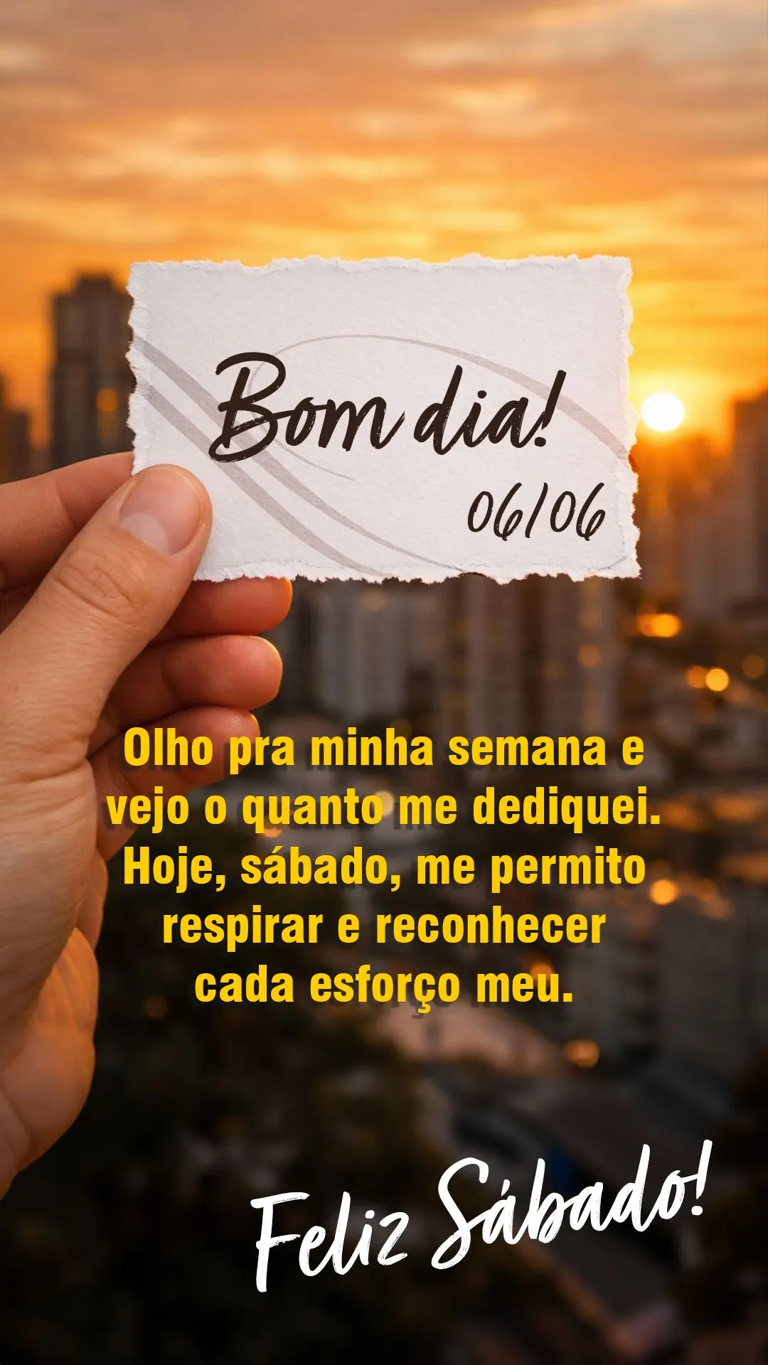 Bom dia. Olho pra minha semana e vejo o quanto me dediquei. Hoje, sábado, me permito respirar e reconhecer cada esforço meu.