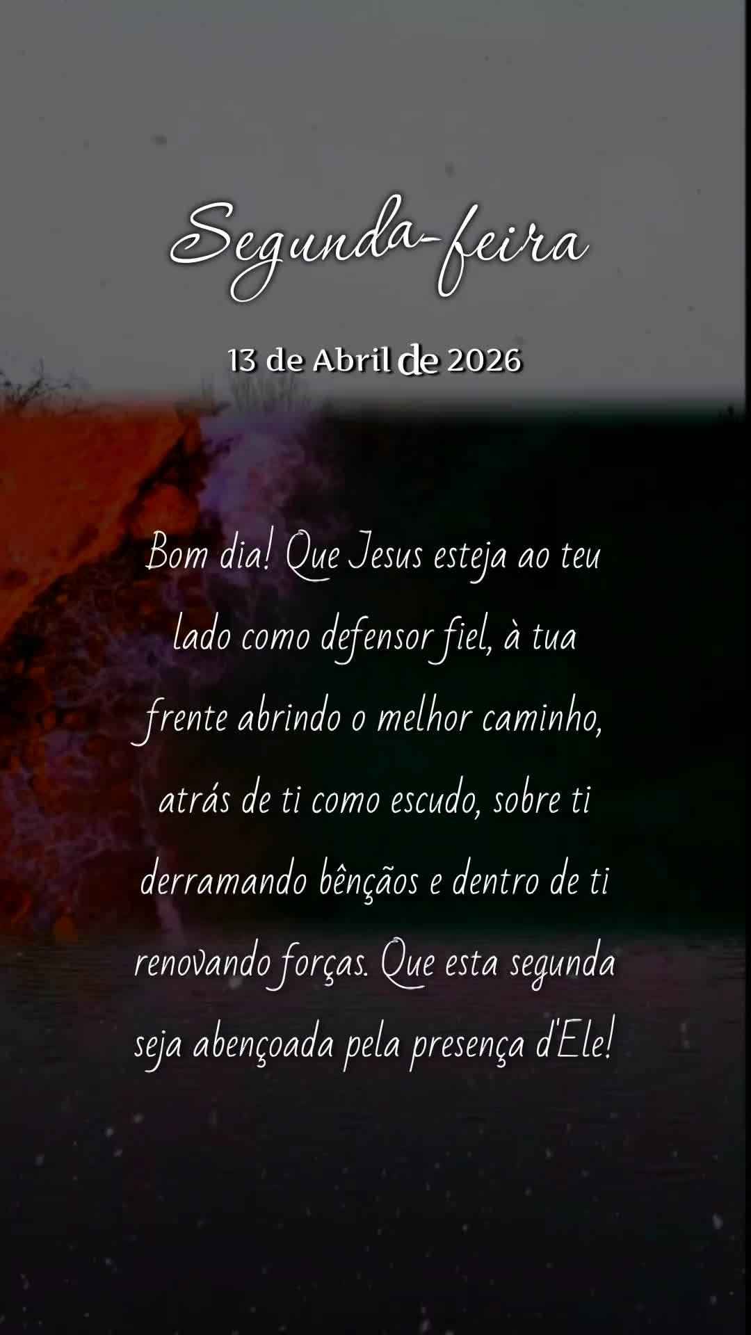 Bom dia! Que Jesus esteja ao teu lado como defensor fiel, à tua frente abrindo o melhor caminho, atrás de ti como escudo, sobre ti derramando bênção...