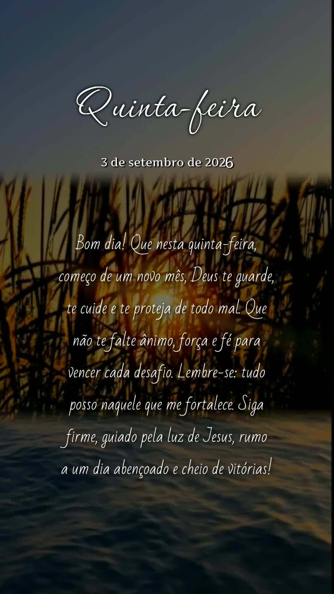 Bom dia! Que nesta quinta-feira, começo de um novo mês, Deus te guarde, te cuide e te proteja de todo mal. Que não te falte ânimo, força e fé para ...