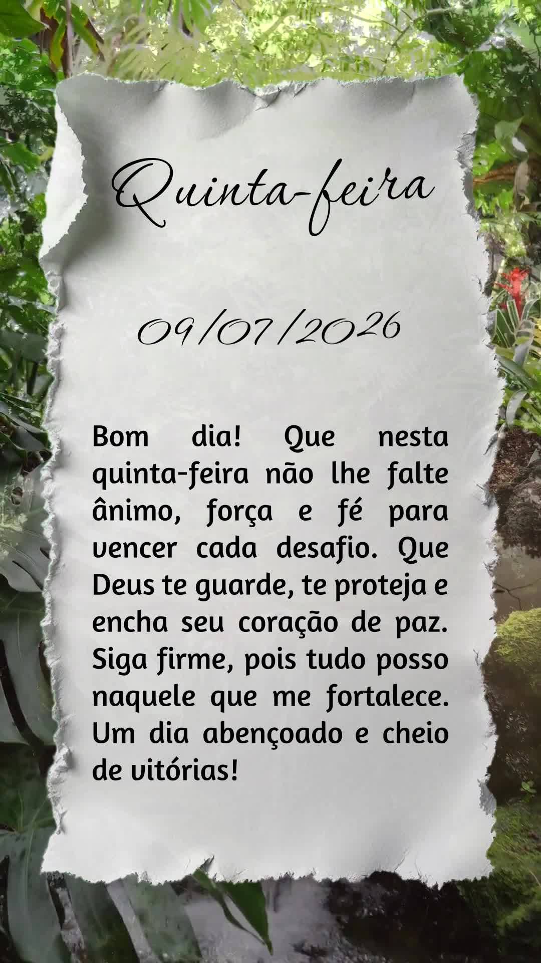 Bom dia! Que nesta quinta-feira não lhe falte ânimo, força e fé para vencer cada desafio. Que Deus te guarde, te proteja e encha seu coração de paz...