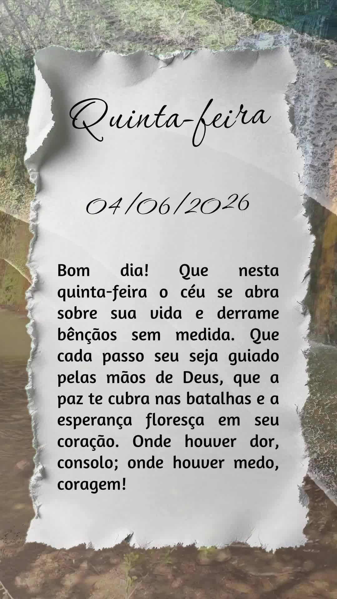 Bom dia! Que nesta quinta-feira o céu se abra sobre sua vida e derrame bênçãos sem medida. Que cada passo seu seja guiado pelas mãos de Deus, que a ...