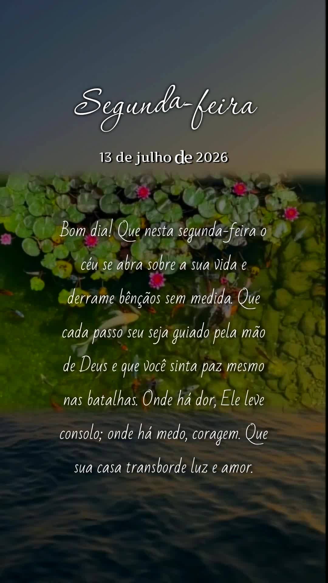 Bom dia! Que nesta segunda-feira o céu se abra sobre a sua vida e derrame bênçãos sem medida. Que cada passo seu seja guiado pela mão de Deus e que ...