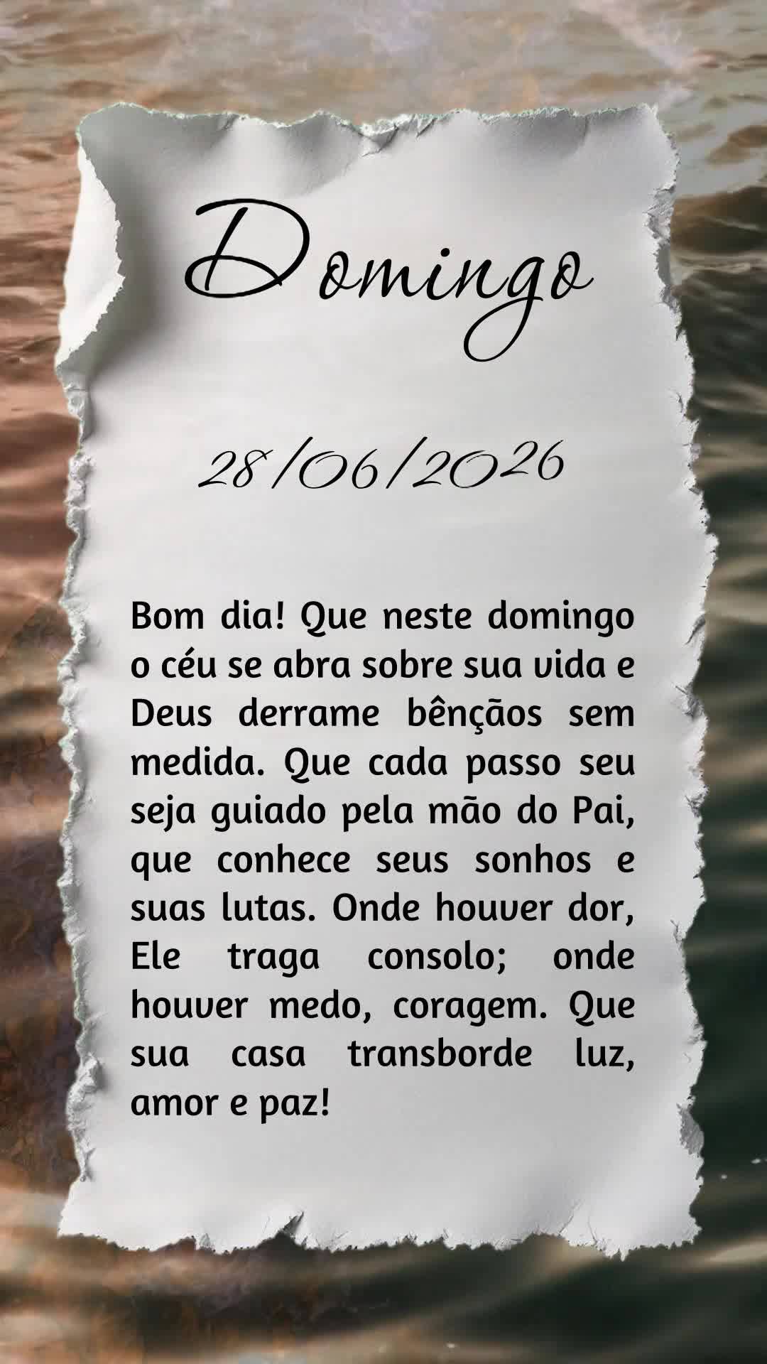 Bom dia! Que neste domingo o céu se abra sobre sua vida e Deus derrame bênçãos sem medida. Que cada passo seu seja guiado pela mão do Pai, que conhe...