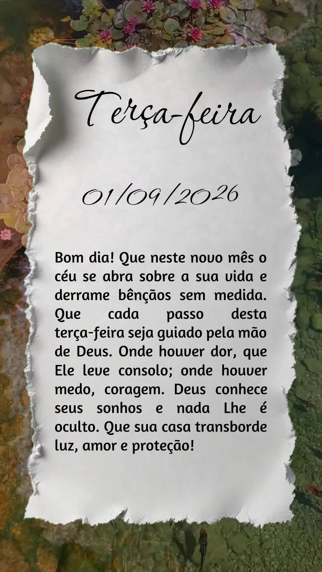 Bom dia! Que neste novo mês o céu se abra sobre a sua vida e derrame bênçãos sem medida. Que cada passo desta terça-feira seja guiado pela mão de ...