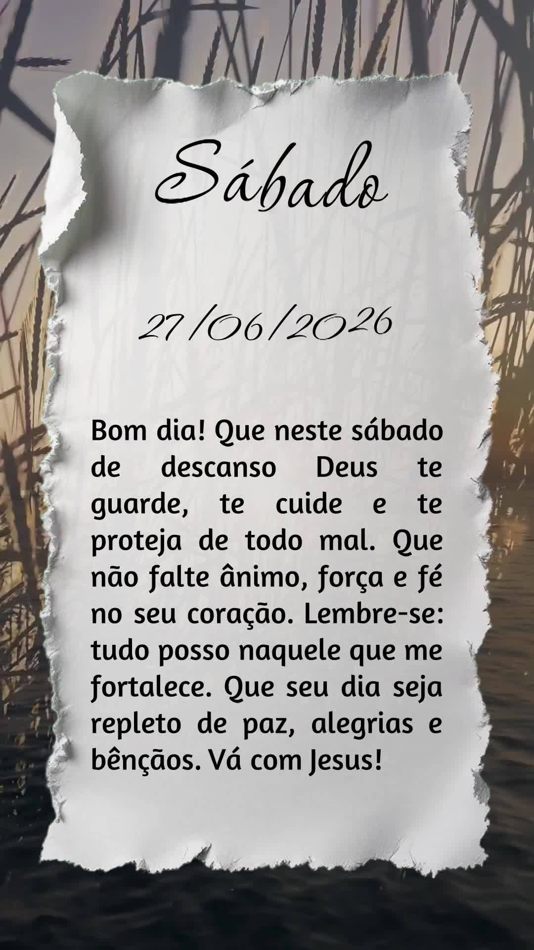 Bom dia! Que neste sábado de descanso Deus te guarde, te cuide e te proteja de todo mal. Que não falte ânimo, força e fé no seu coração. Lembre-se...