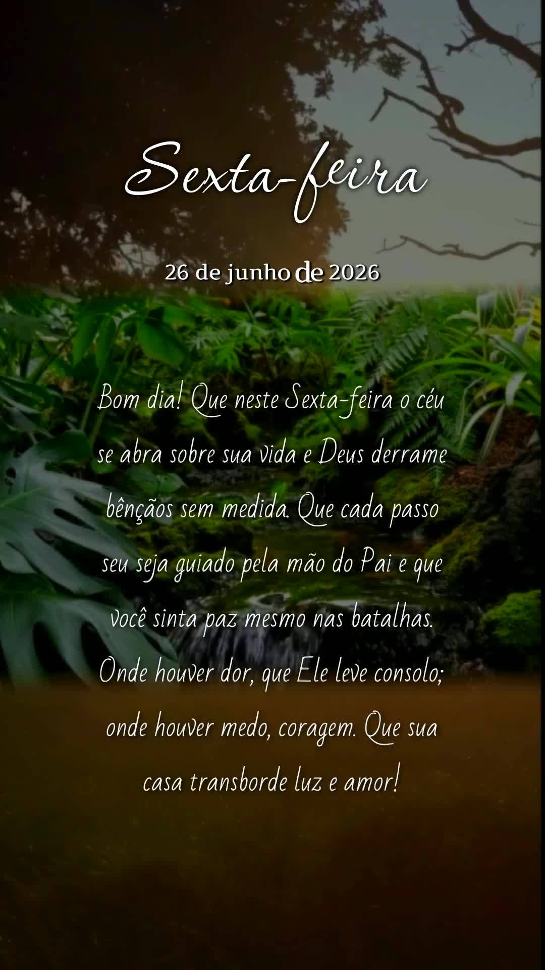 Bom dia! Que neste Sexta-feira o céu se abra sobre sua vida e Deus derrame bênçãos sem medida. Que cada passo seu seja guiado pela mão do Pai e que ...