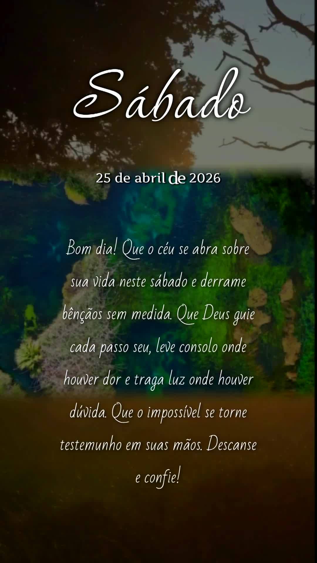 Bom dia! Que o céu se abra sobre sua vida neste sábado e derrame bênçãos sem medida. Que Deus guie cada passo seu, leve consolo onde houver dor e tr...