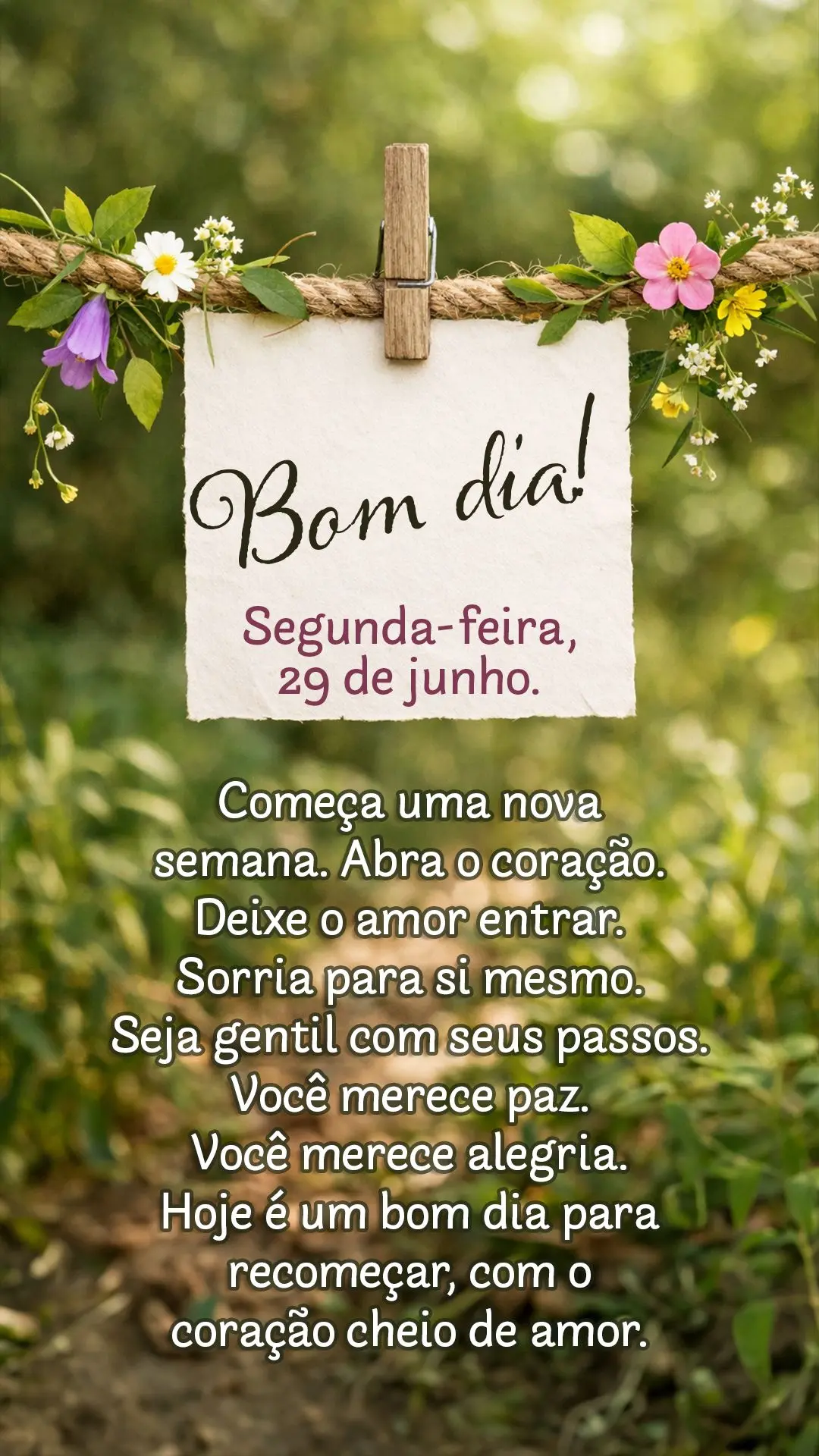 Bom dia, segunda-feira, 29 de junho. Começa uma nova semana. Abra o coração. Deixe o amor entrar. Sorria para si mesmo. Seja gentil com seus passos. V...