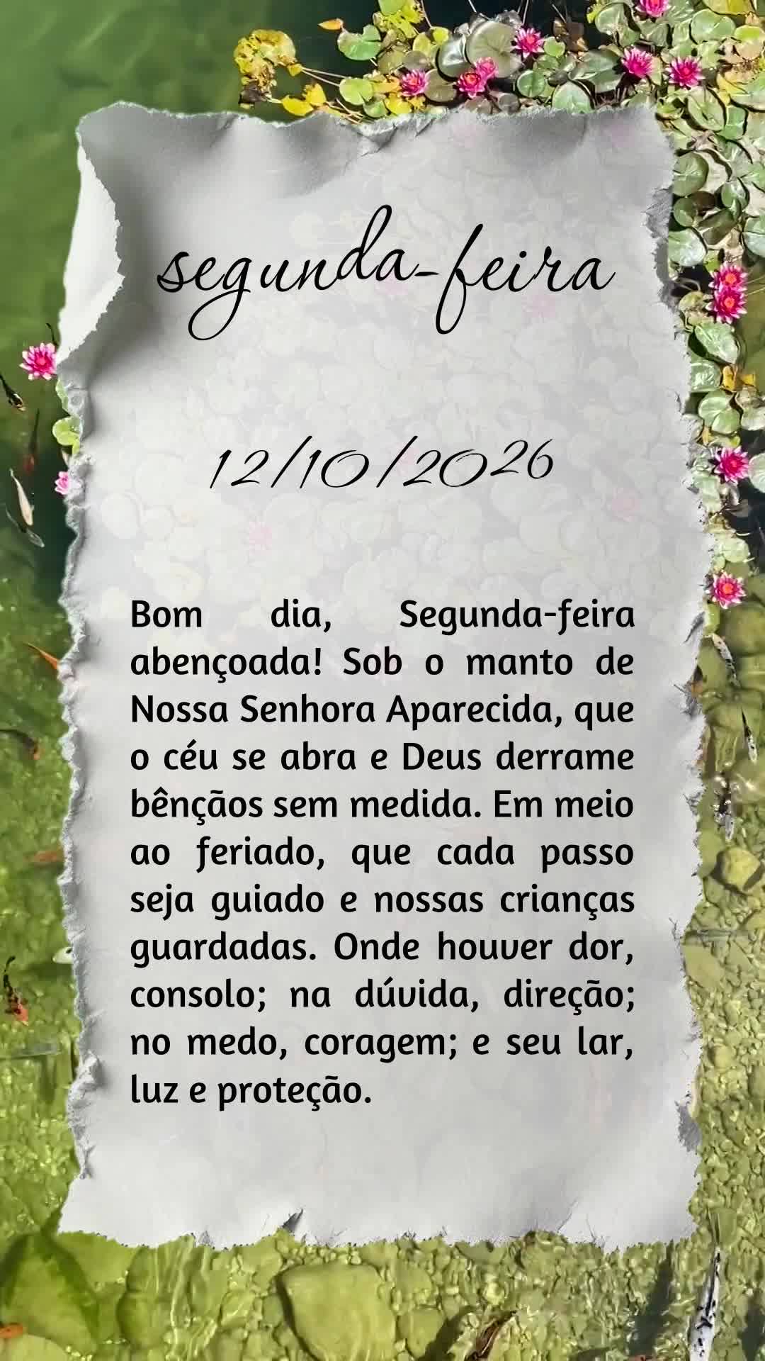 Bom dia, Segunda-feira abençoada! Sob o manto de Nossa Senhora Aparecida, que o céu se abra e Deus derrame bênçãos sem medida. Em meio ao feriado, q...
