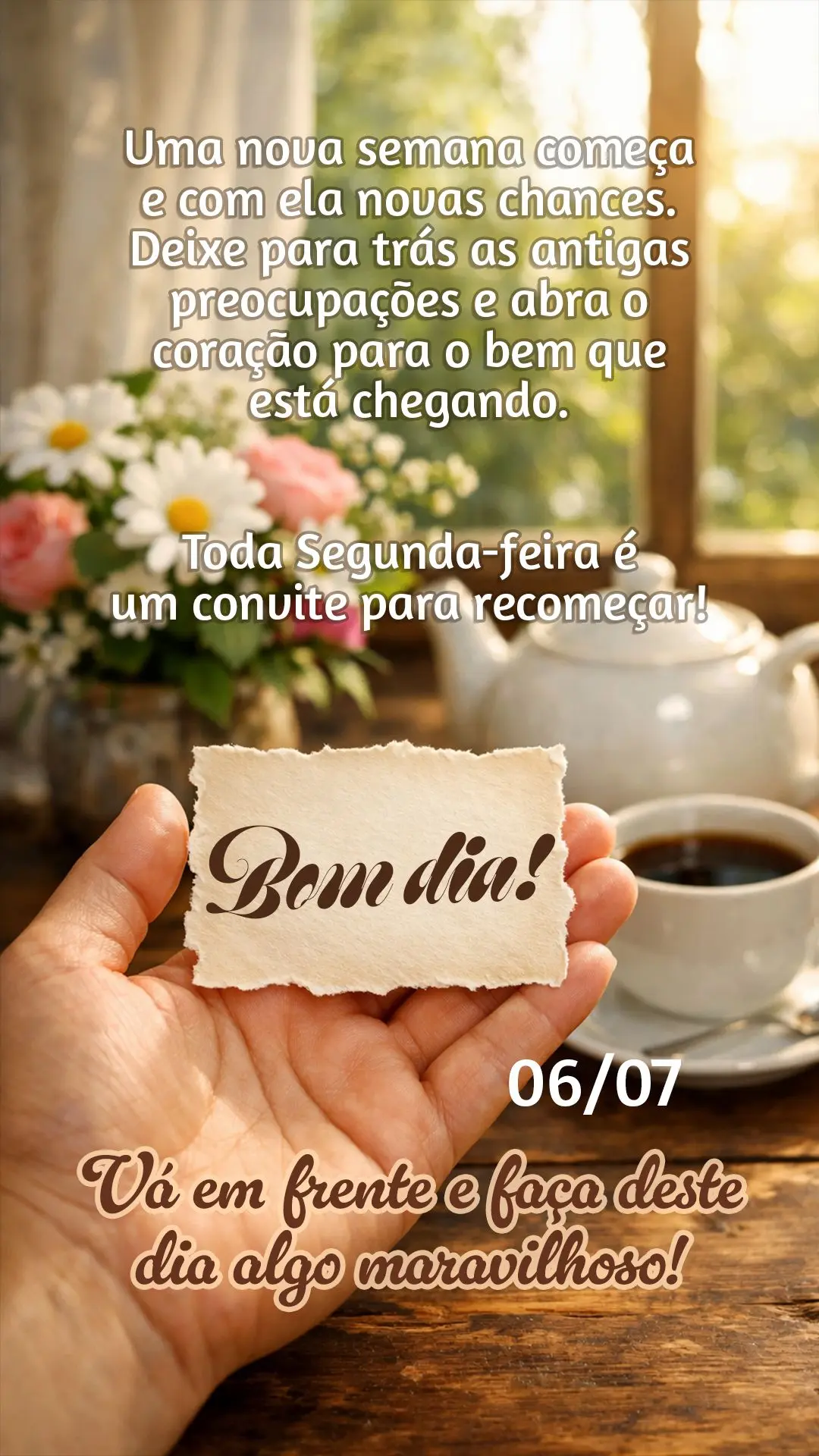Bom dia! Uma nova semana começa e com ela novas chances. Deixe para trás as antigas preocupações e abra o coração para o bem que está chegando. To...