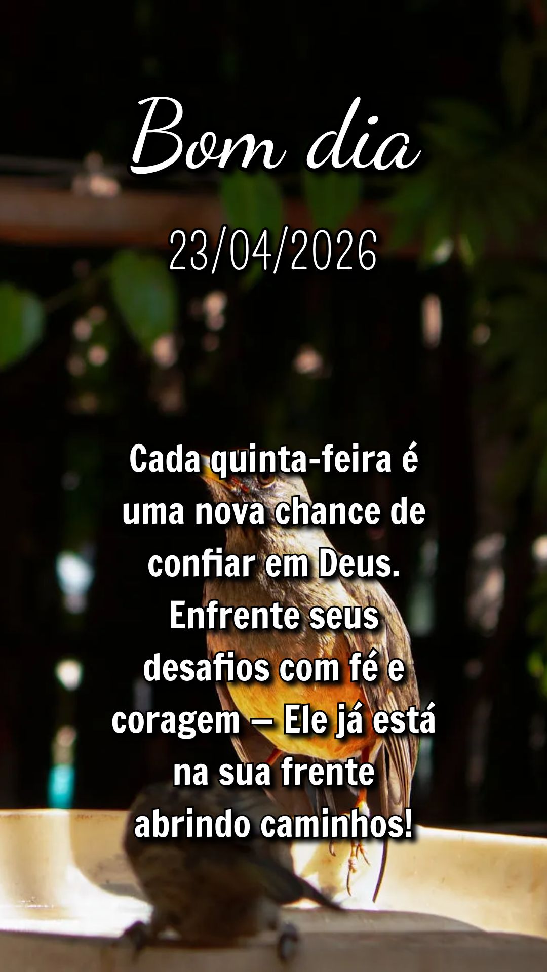 Cada quinta-feira é uma nova chance de confiar em Deus. Enfrente seus desafios com fé e coragem — Ele já está na sua frente abrindo caminhos!