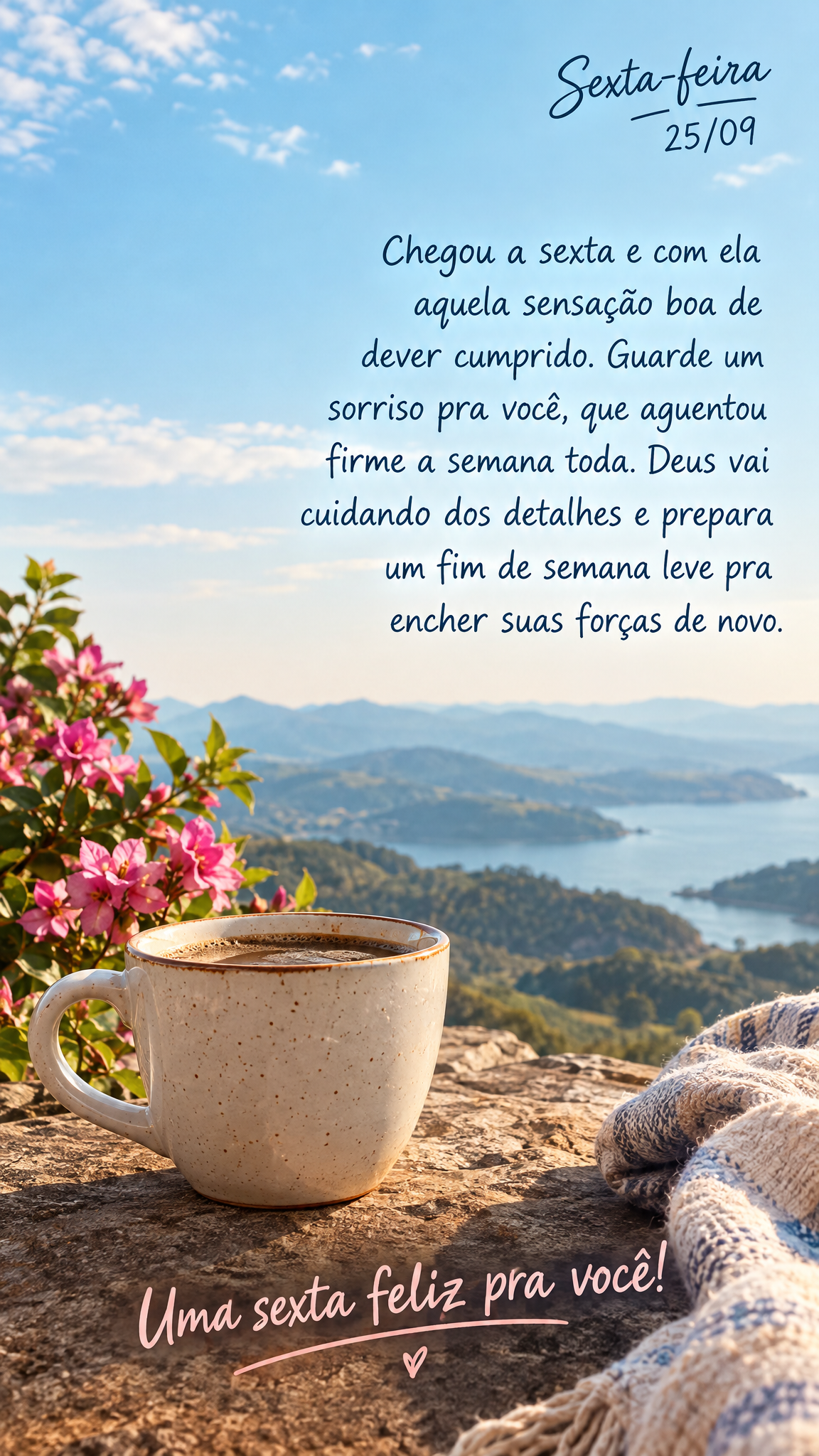 Chegou a sexta e com ela aquela sensação boa de dever cumprido. Guarde um sorriso pra você, que aguentou firme a semana toda. Deus vai cuidando dos de...
